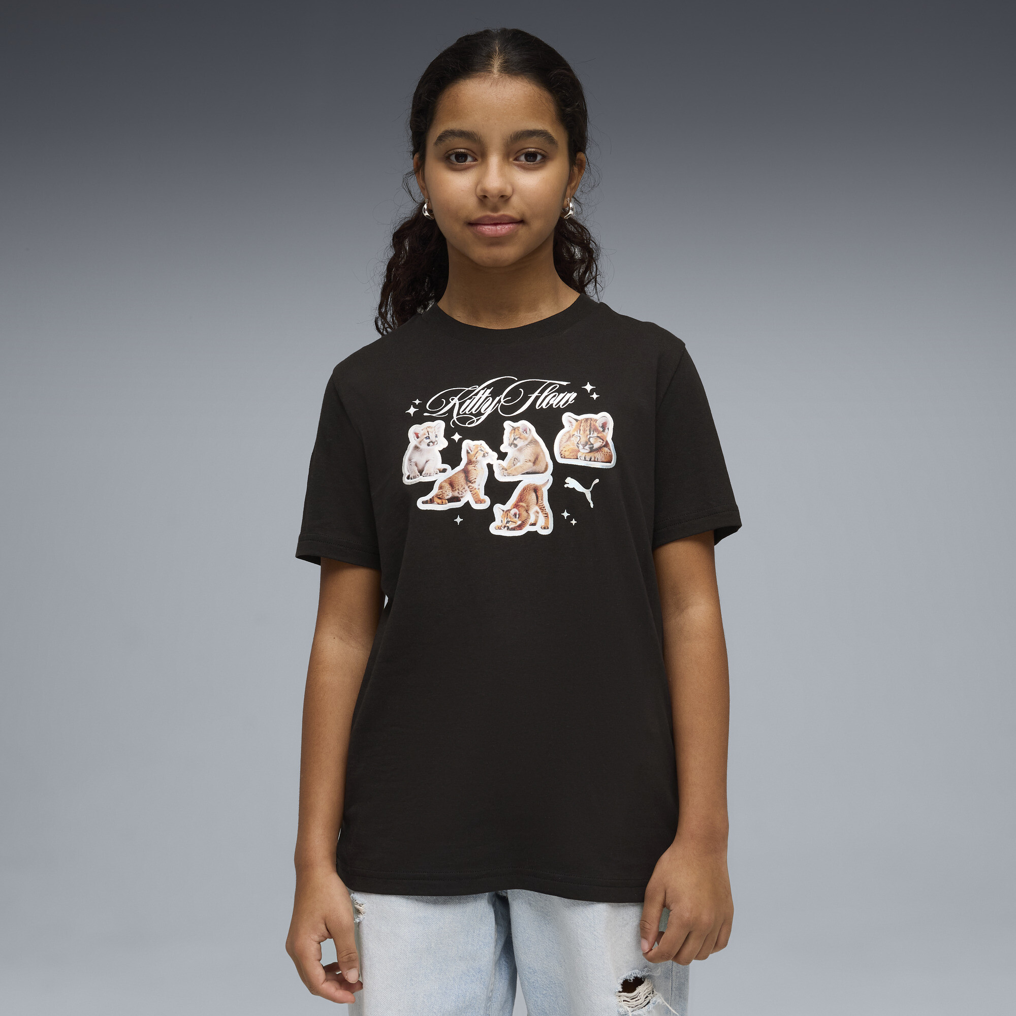 PUMA House of Graphics Big Kids' Kitty Sticker T-Shirt in Black, Size S