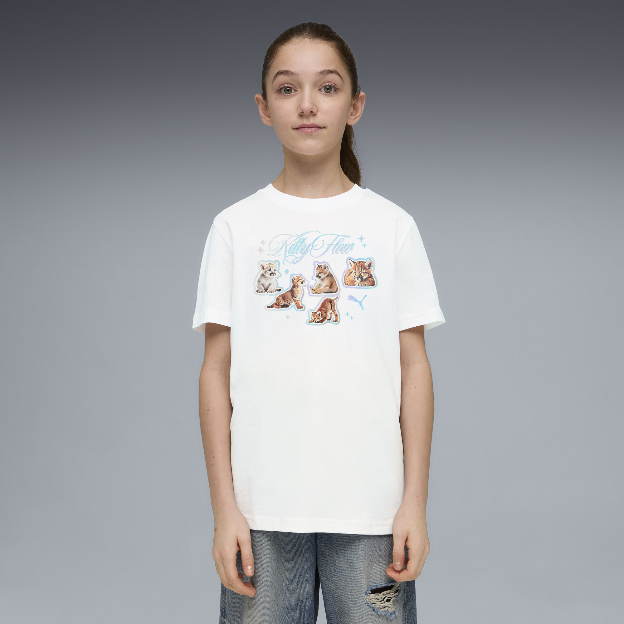 PUMA House of Graphics Big Kids Kitty Sticker T-Shirt in White Size M 30$