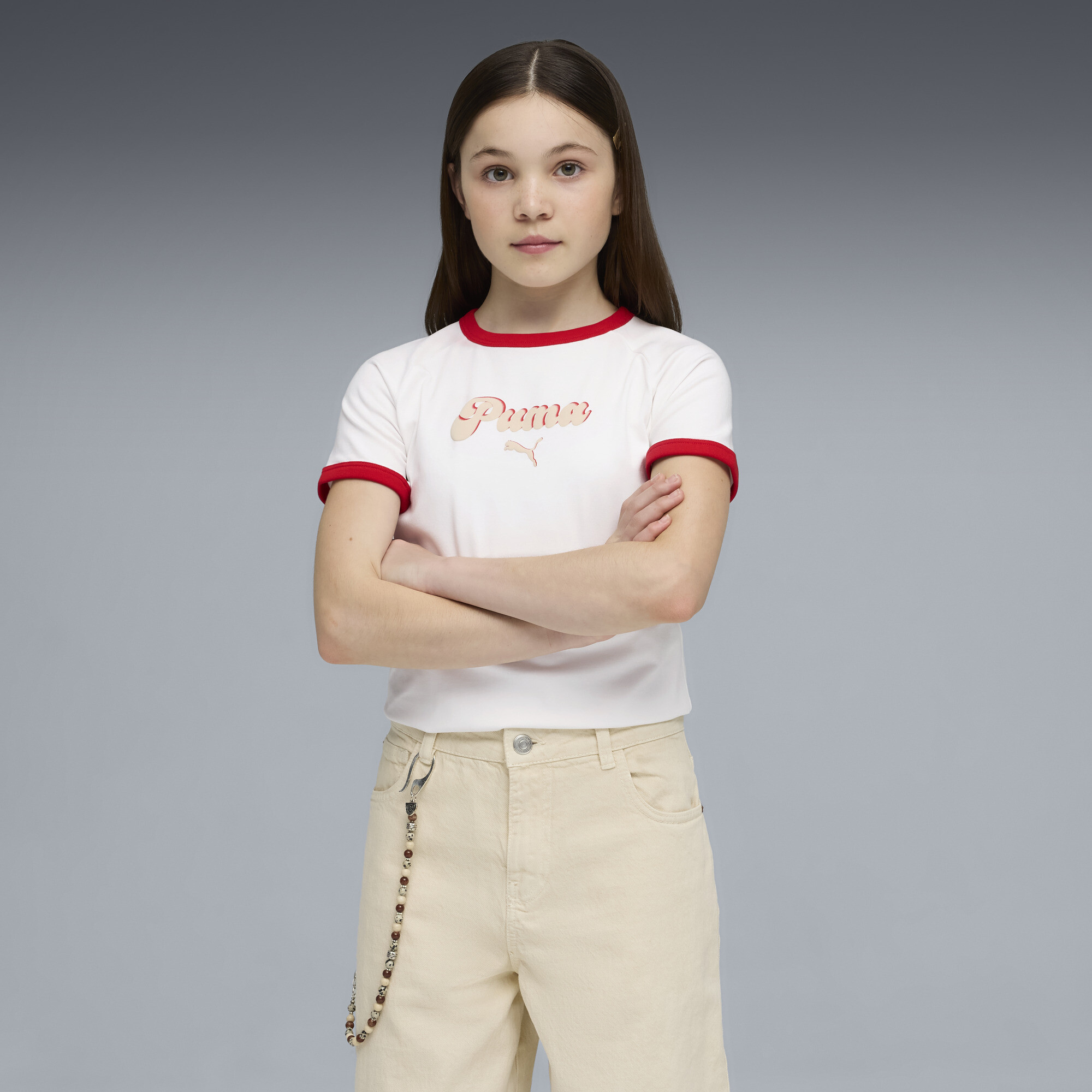 PUMA House of Graphics Big Kids' Slim T-Shirt in White, Size M