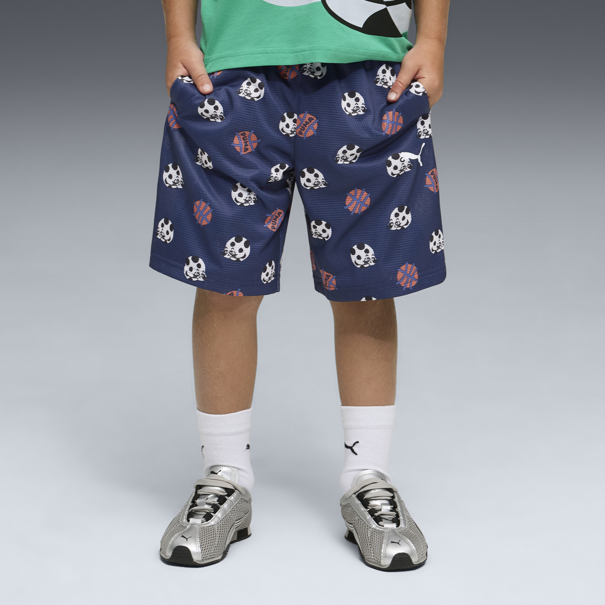 PUMA Sporty Cats Little Kids' Relaxed Patterned Shorts in Blue, Size 5