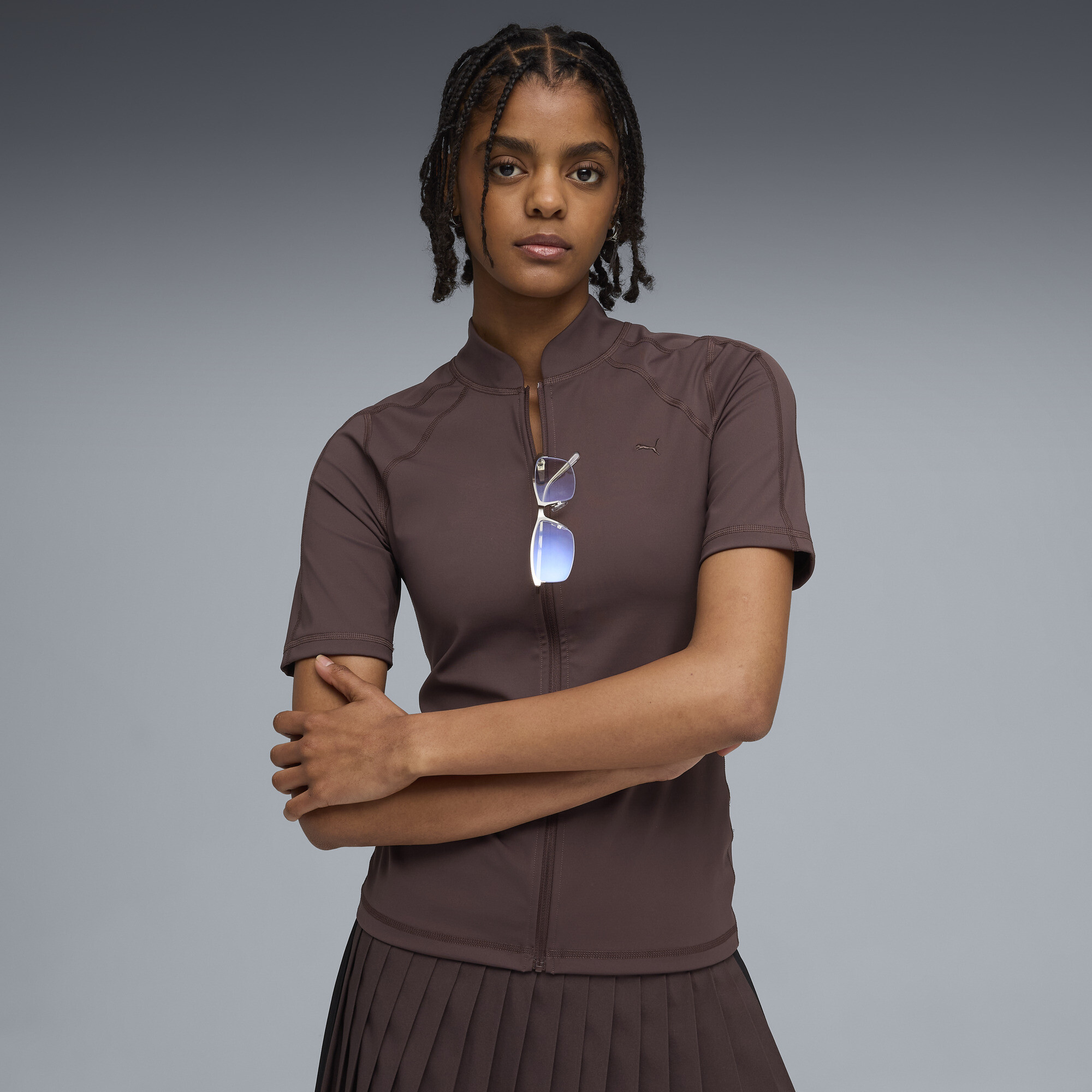 PUMA T7 strak T-shirt voor Dames, Bruin, Maat L