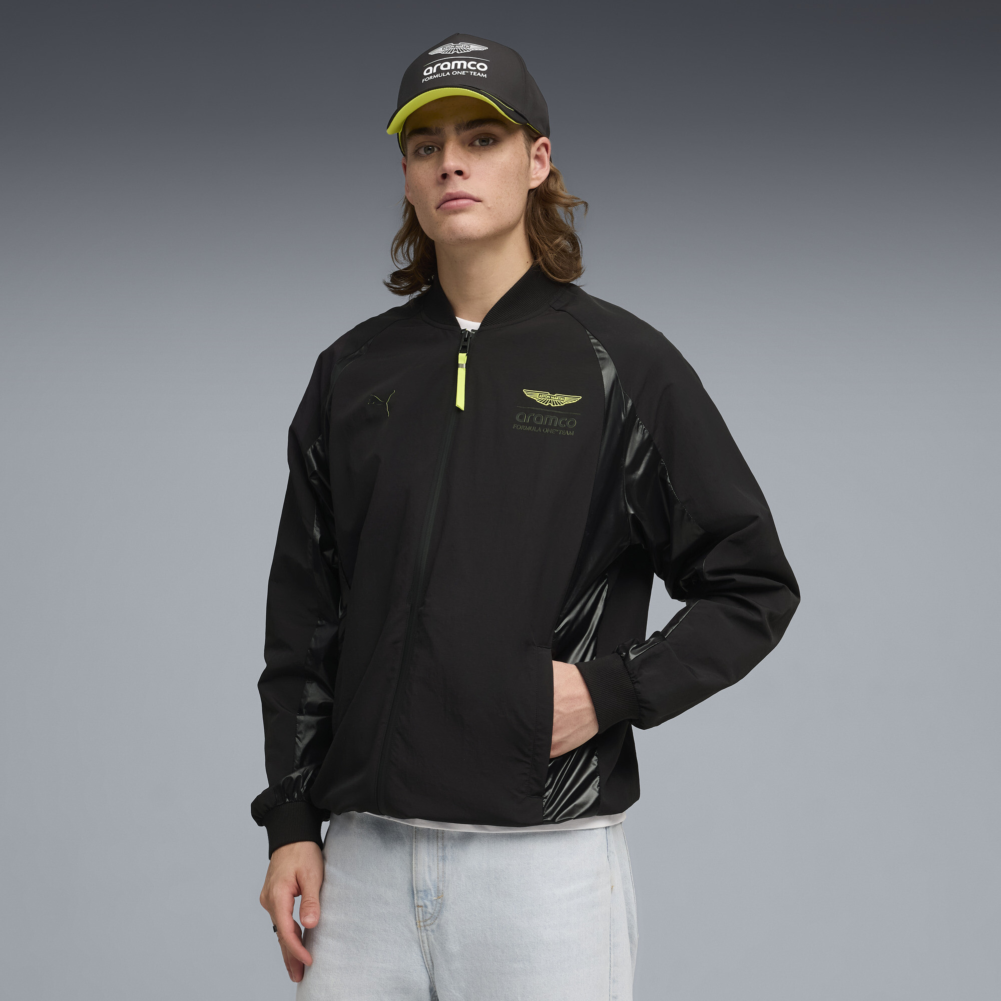 PUMA x ASTON MARTIN ARAMCO F1Â® TEAM lifestyle bomberjack voor Heren, Zwart, Maat L