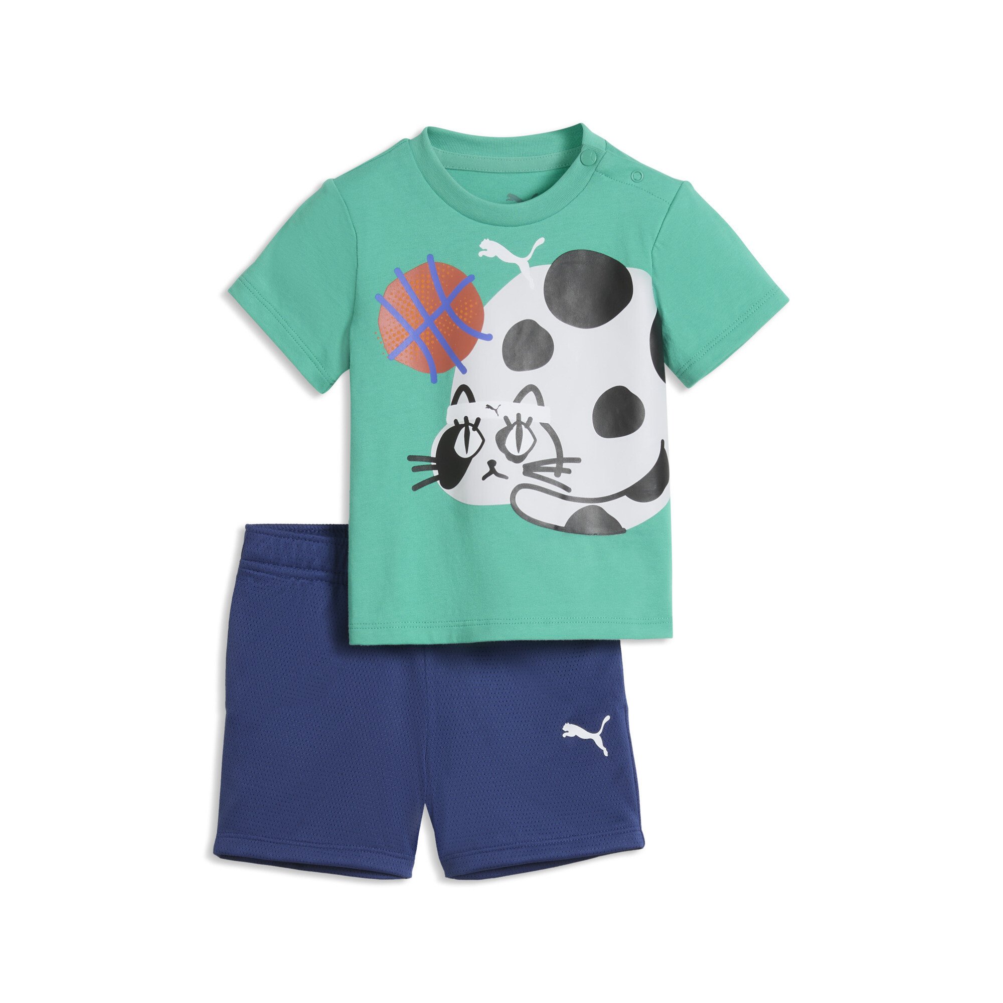PUMA Sporty Cats set met T-shirt en short, Groen, Maat 3-4Y
