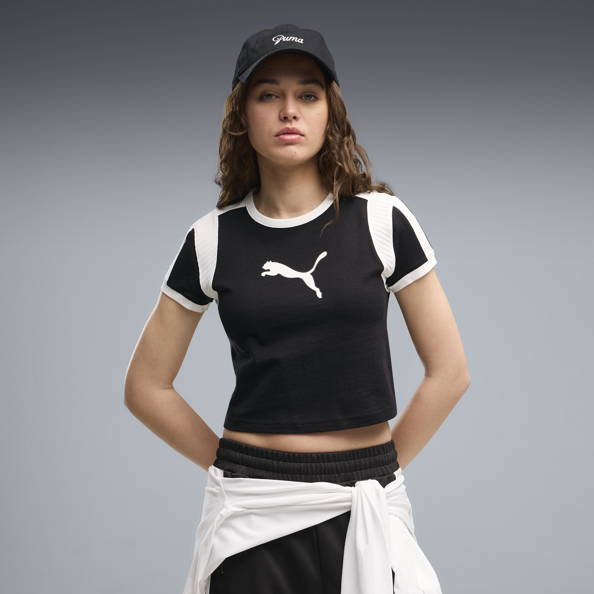 PUMA Graphic Slim Ringer-Baby-Shirt Damen, Kleidung, Schwarz, M