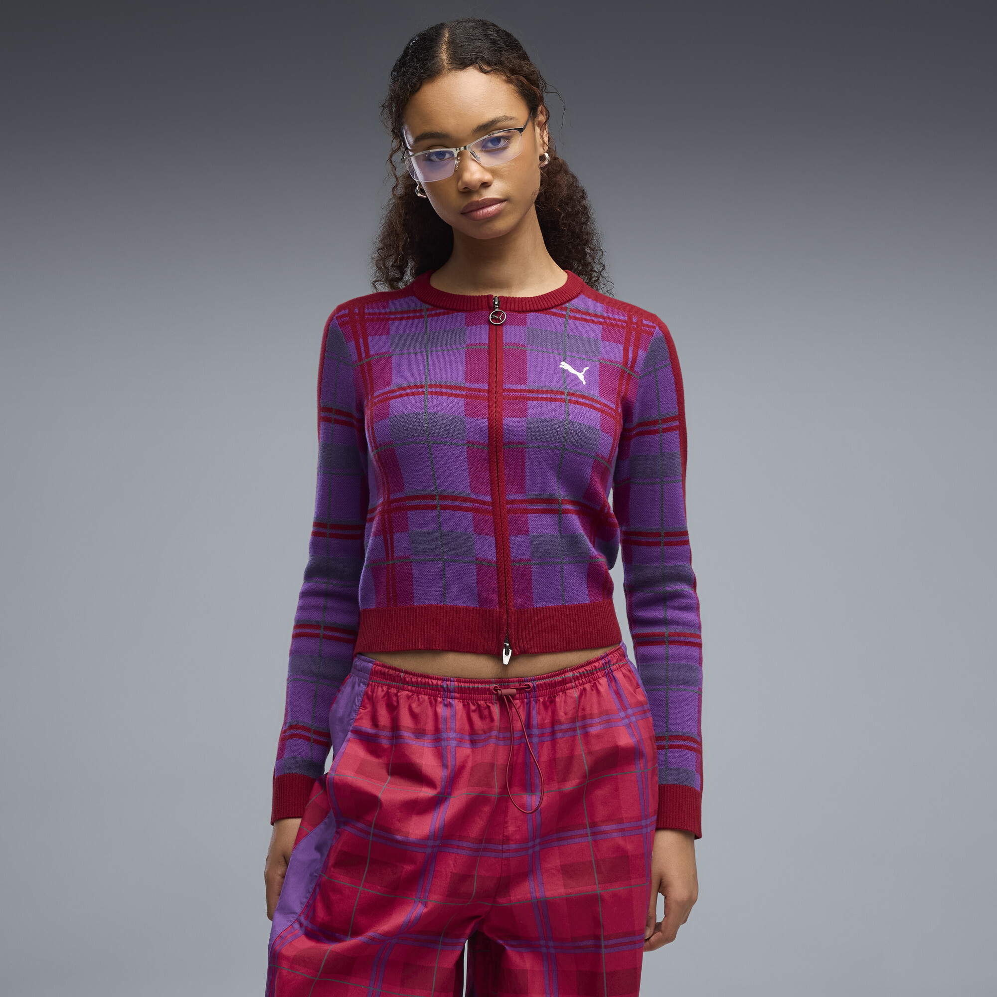 PUMA T7 Tartan Slim Strickjacke Damen, Kleidung, Rot, S