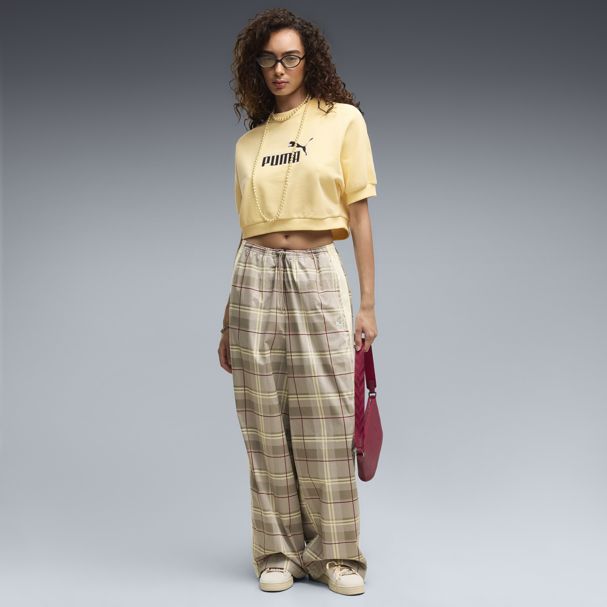 PUMA T7 Women's Relaxed Tartan Pants in Beige, Size XL