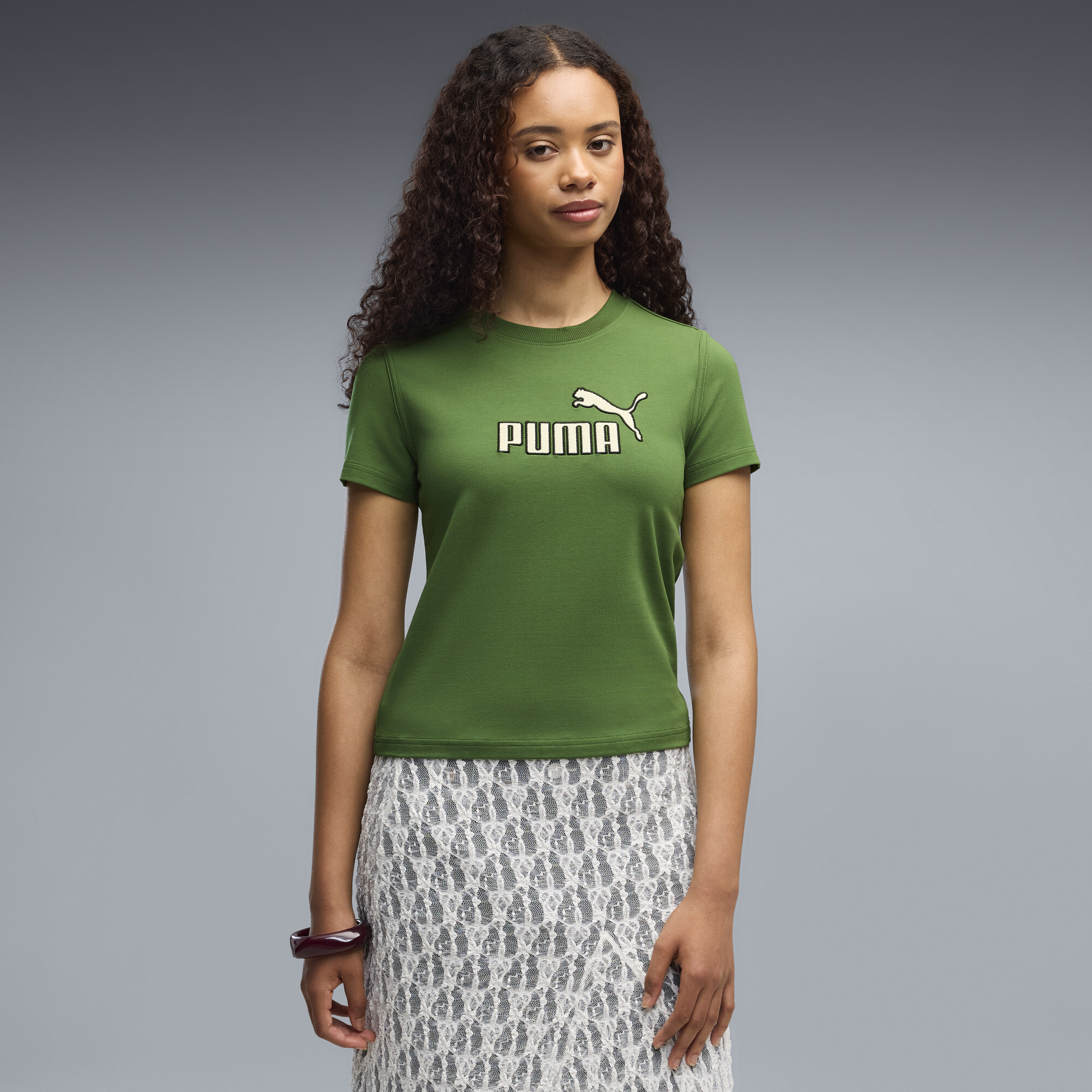 PUMA Elevated Essentials Women's Slim T-Shirt in Green, Size XL