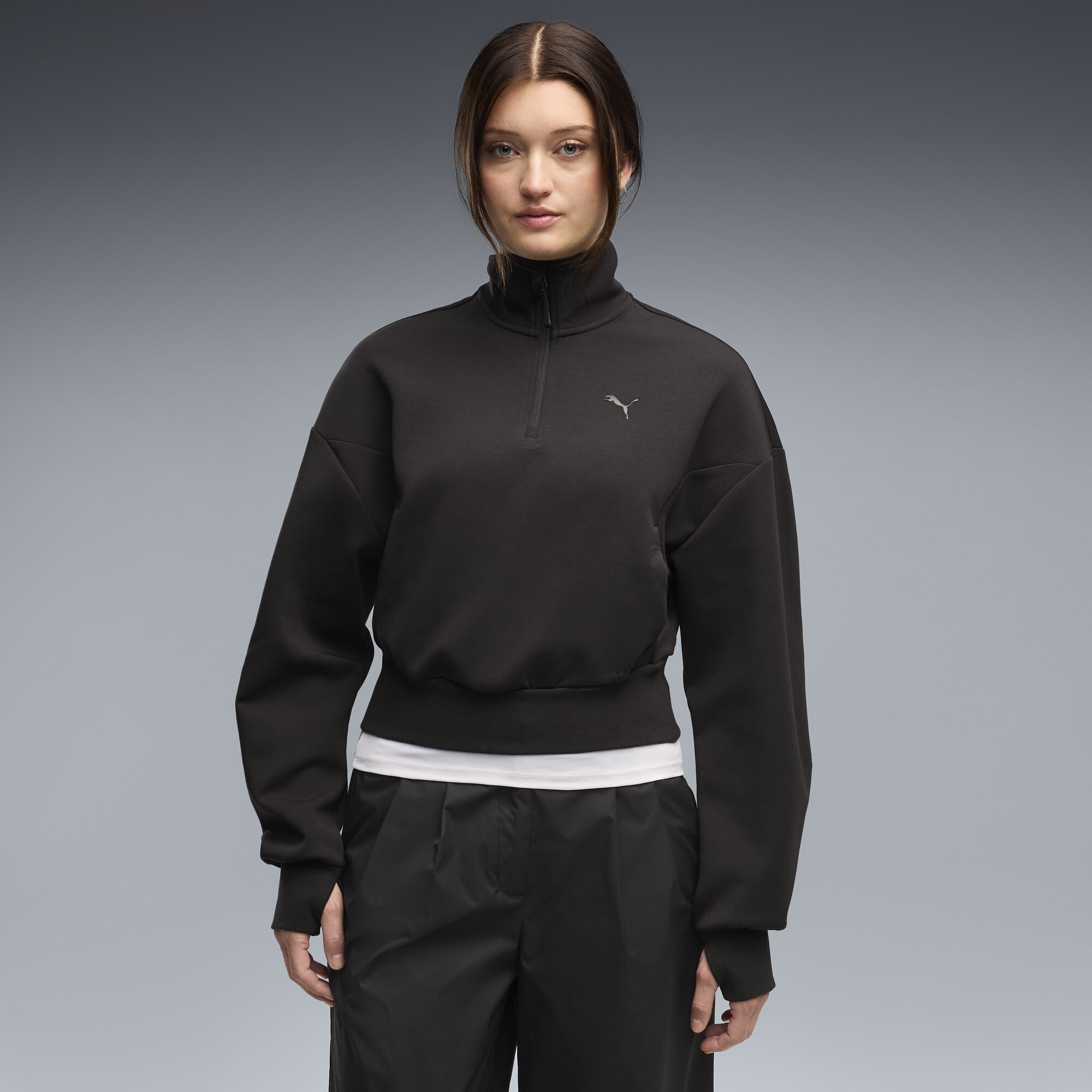 PUMATECH SENSE Crew Sweatshirt mit Reißverschluss bis zum Hals und Ballonärmeln Damen, Kleidung, Schwarz, M