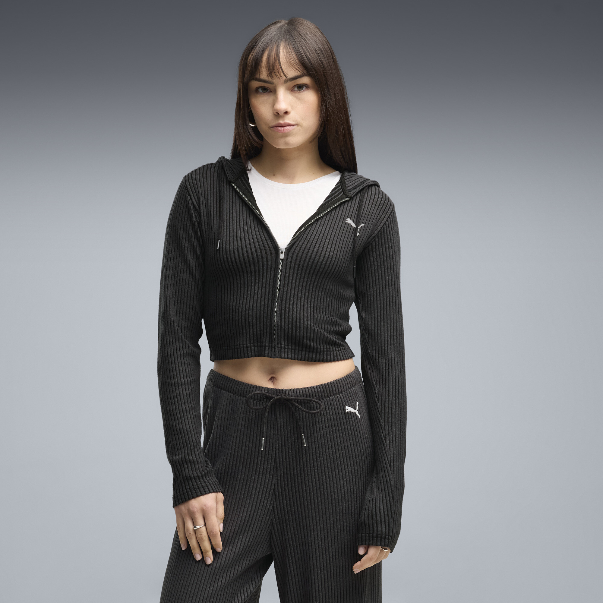 PUMA Essentials Women's Ribbed Zip-Up Hoodie in Black, Size S