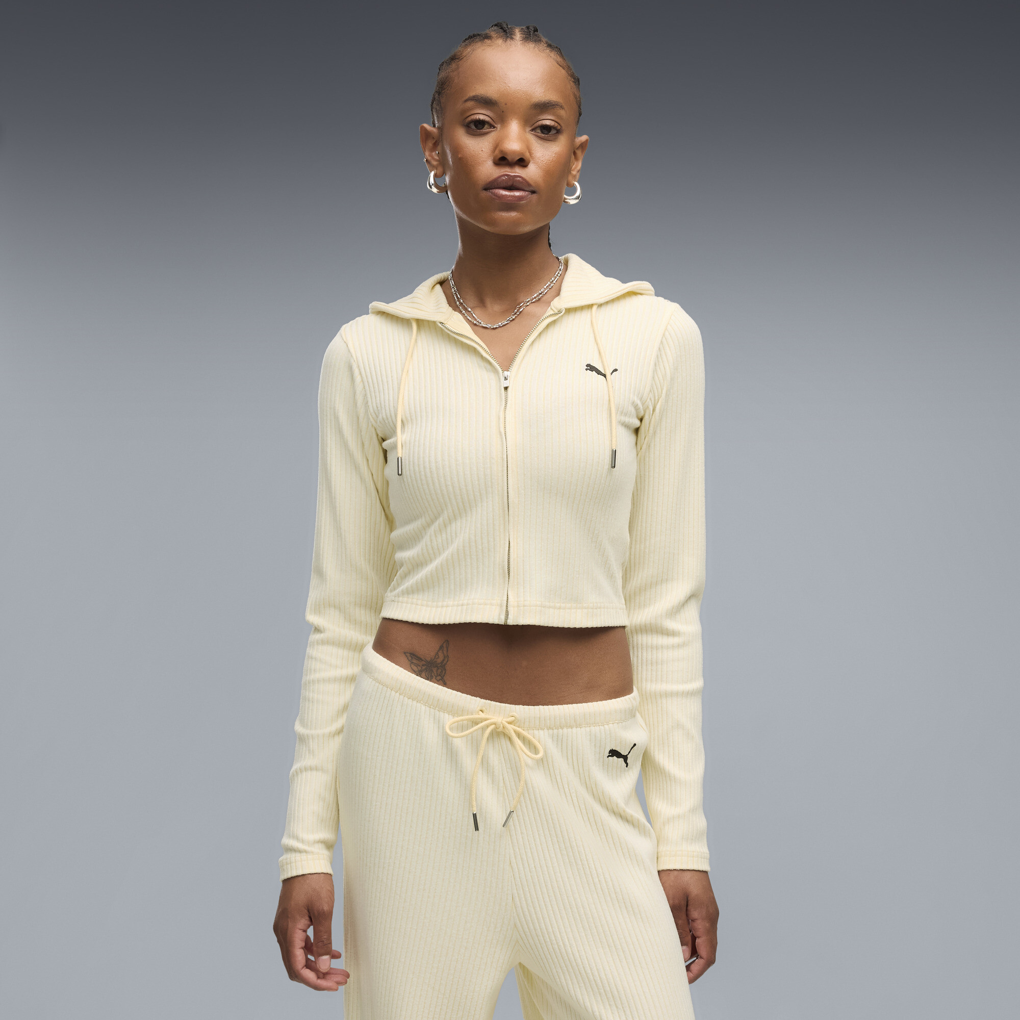 PUMA Essentials Women's Ribbed Zip-Up Hoodie in Yellow, Size S