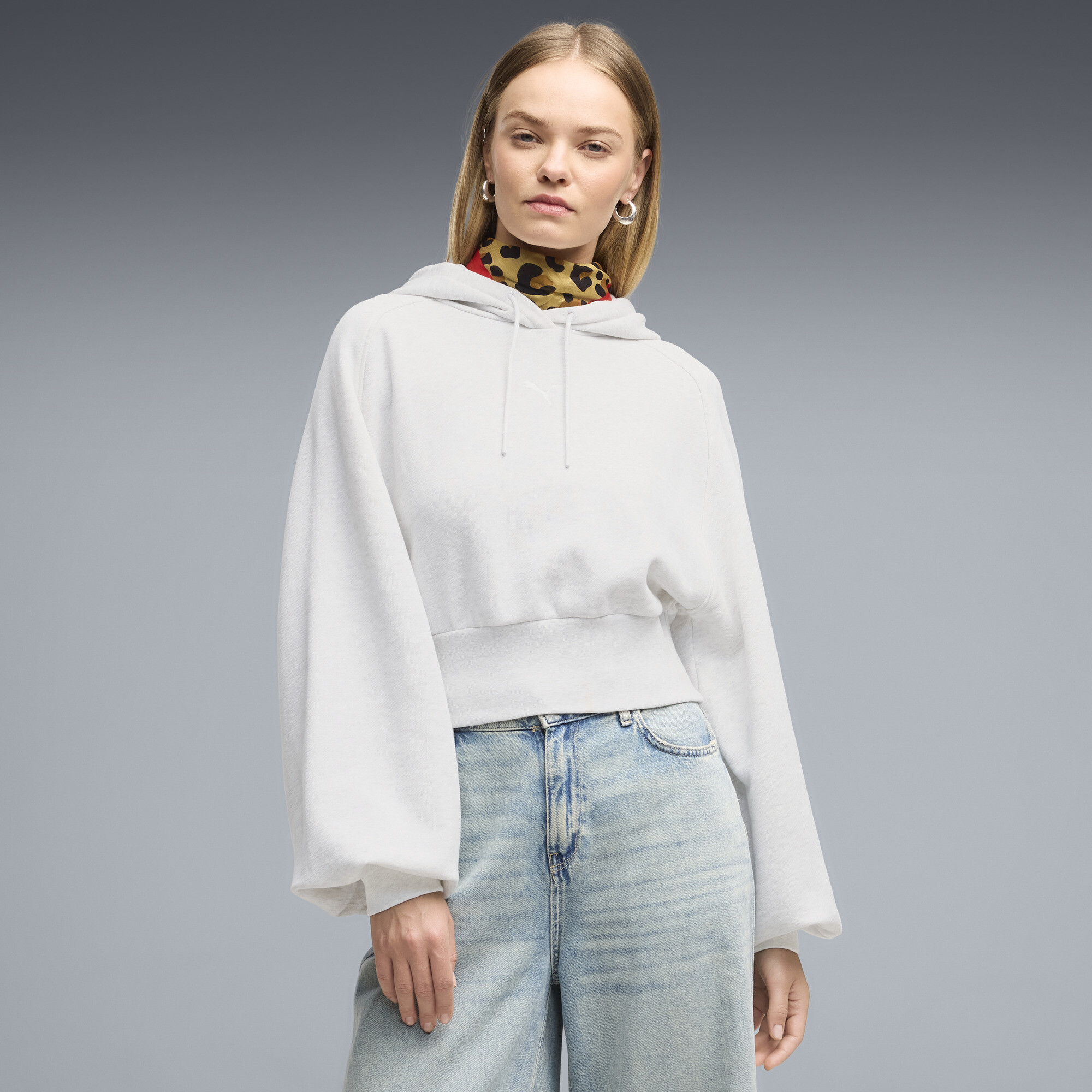 PUMA Essentials Women's Cropped Balloon Sleeve Hoodie in White, Size S