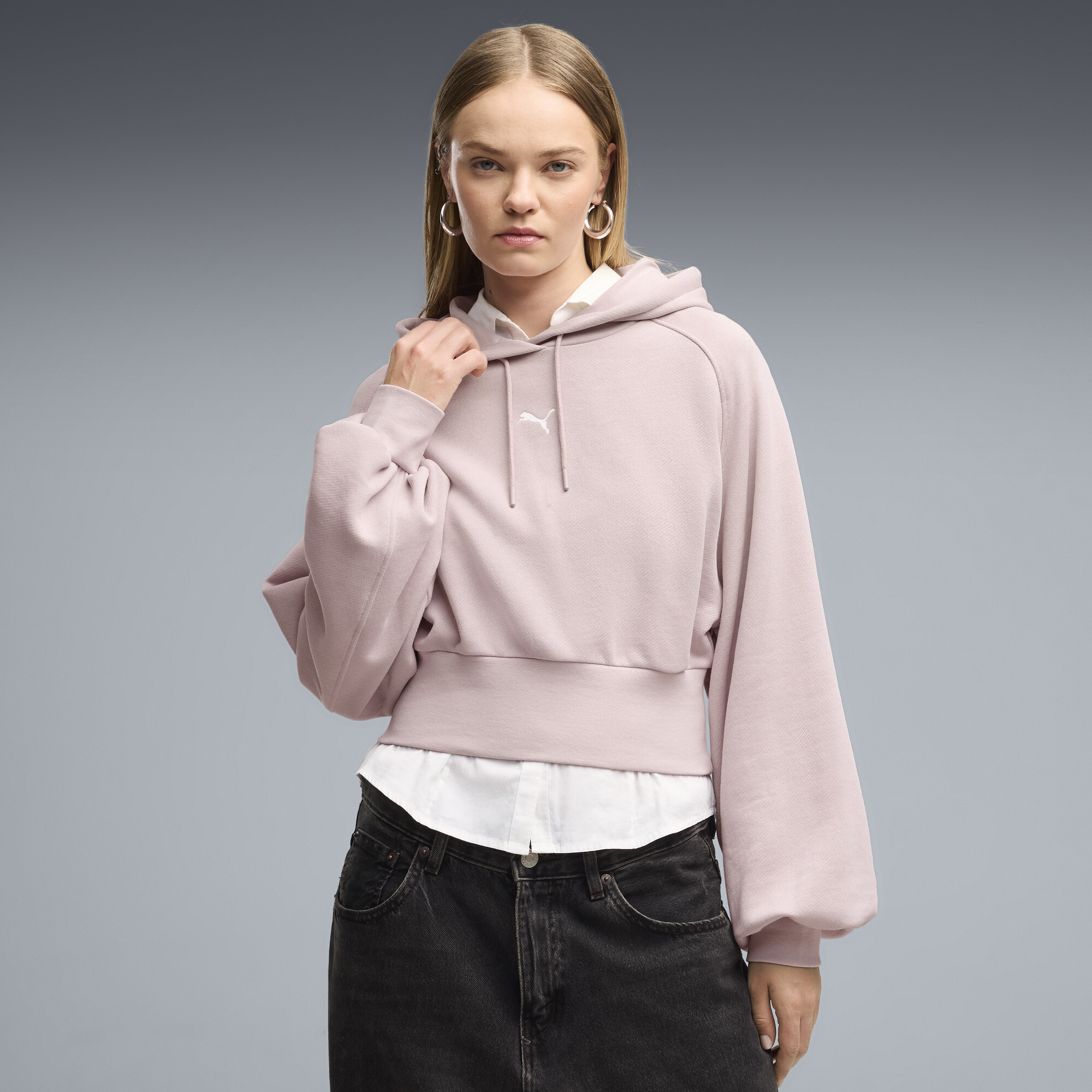 PUMA Essentials Women's Cropped Balloon Sleeve Hoodie in Pink, Size XS