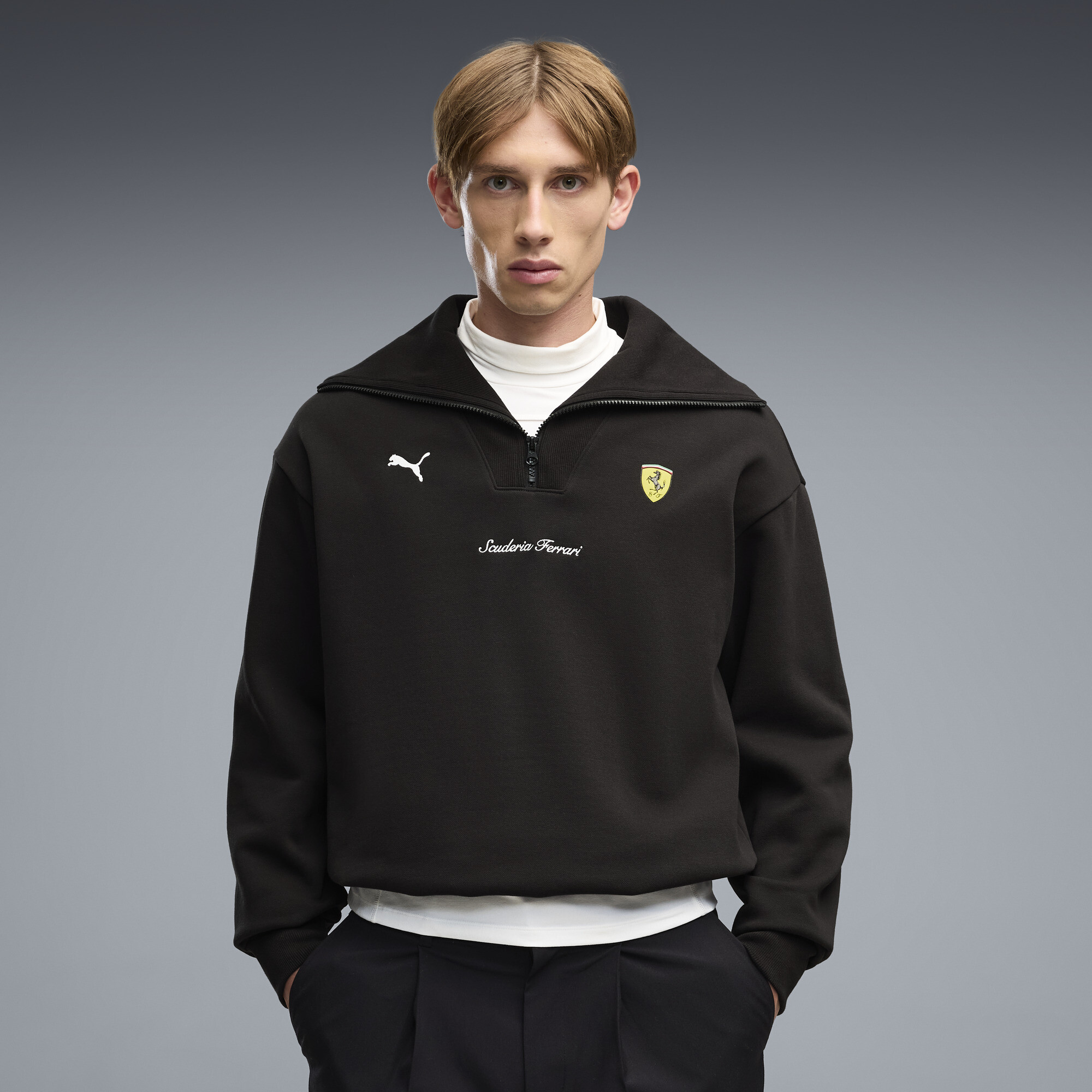 PUMA Scuderia Ferrari Men's Half-Zip Fleece Crew Sweatshirt in Black, Size M