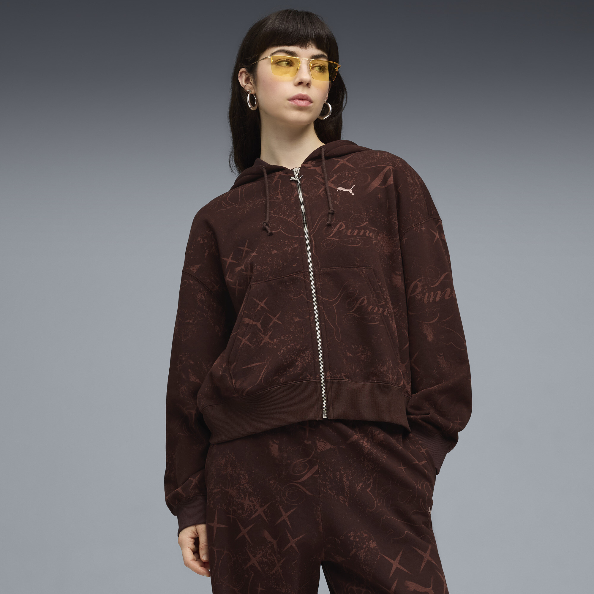 PUMA Street Glam oversized hoodie met volledige rits voor Dames, Bruin, Maat L