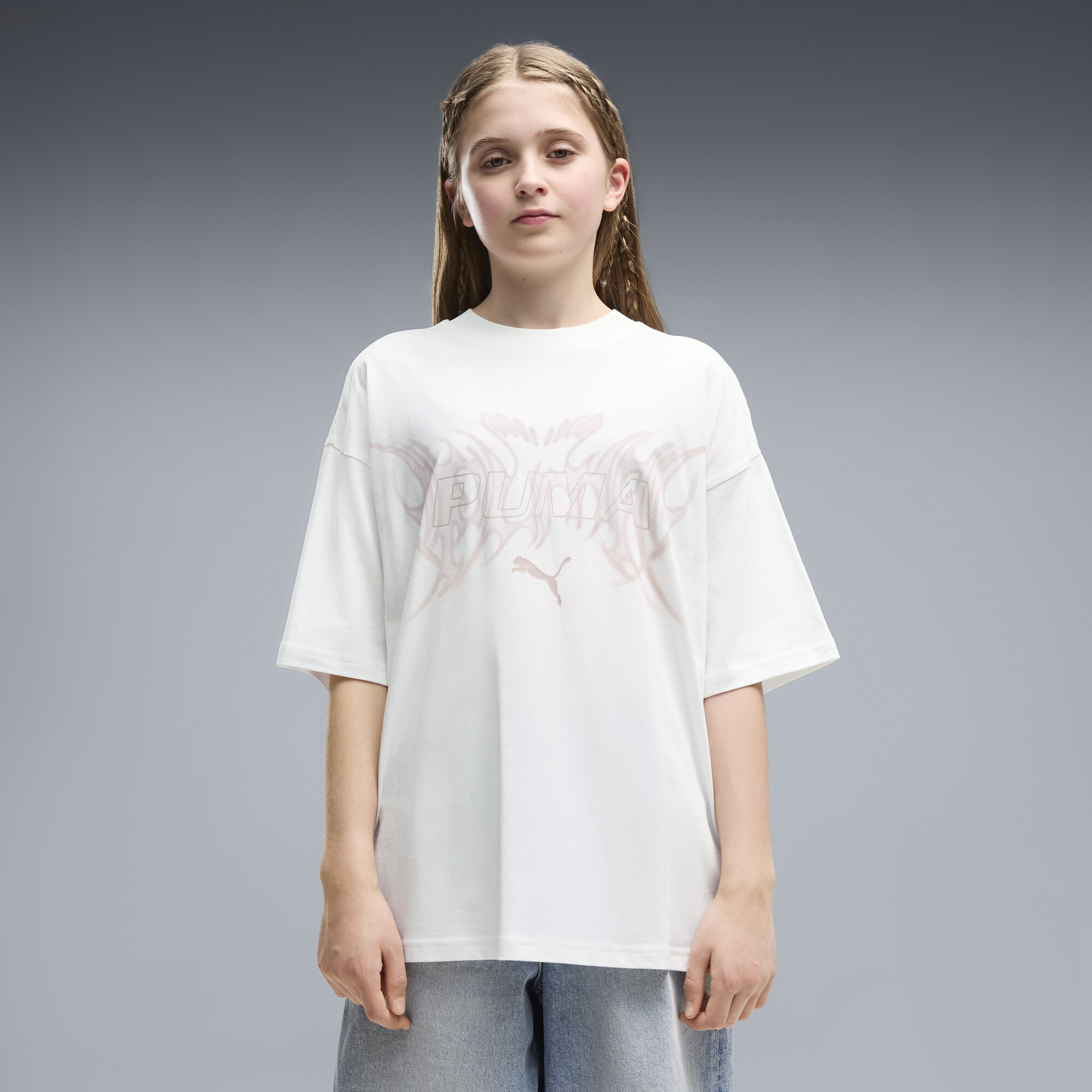 PUMA Młodzieżowa koszulka z grafiką Midnight Shadow o kroju oversize, Odzież, Biały, 13-14Y
