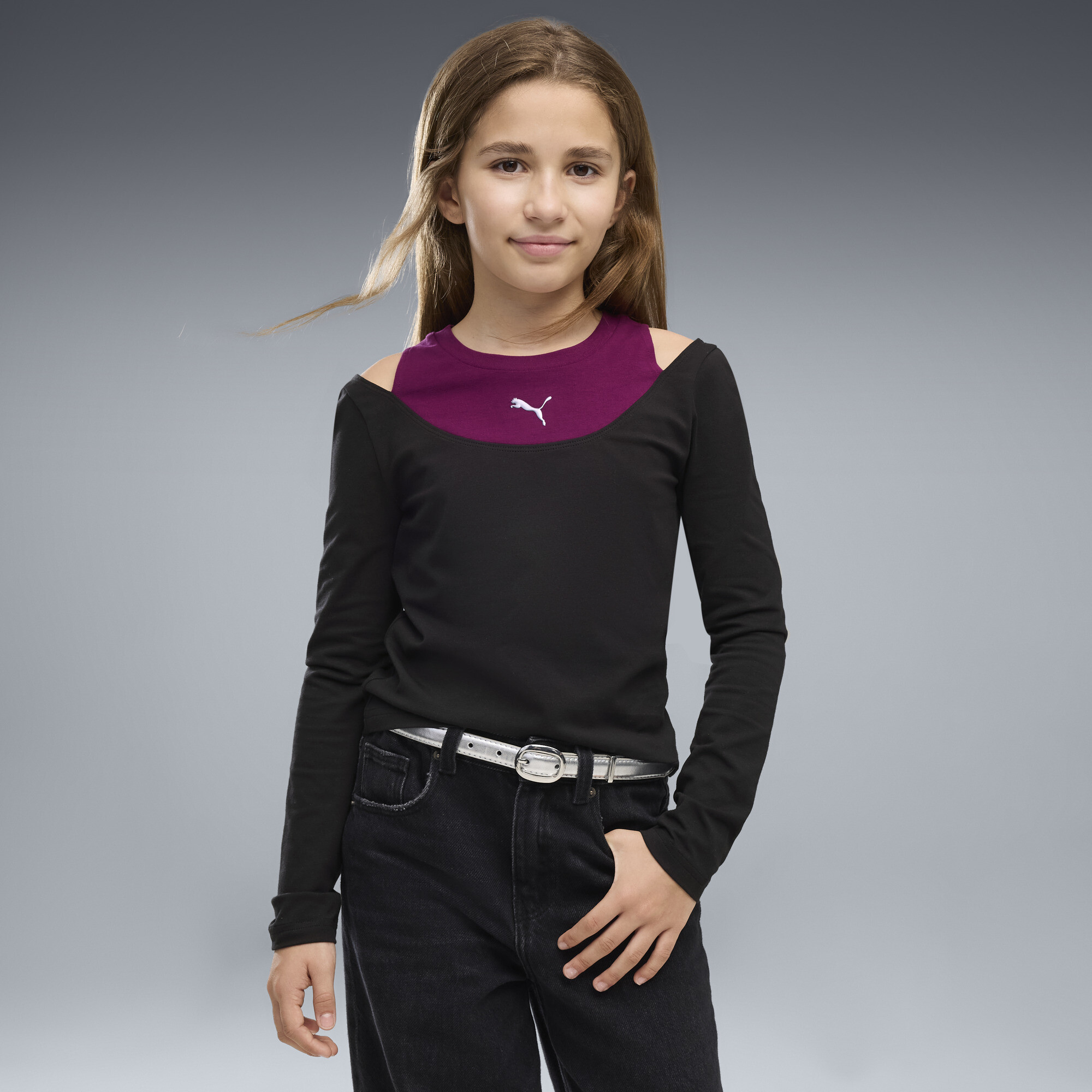 PUMA Midnight Shadow Big Kids' Slim Long Sleeve T-Shirt in Black, Size M