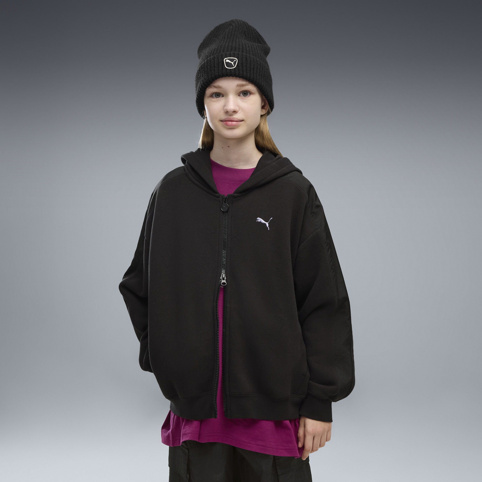 PUMA T7 Midnight Shadow oversized jas met volledige rits voor Dames, Zwart, Maat 9-10Y