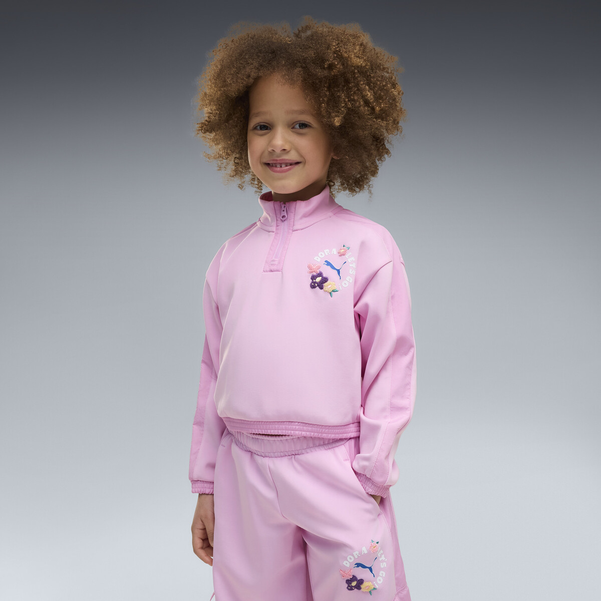 PUMA x DORA THE EXPLORER T7 Relaxed Half-Zip Crew Sweatshirt Kids in Mauve Glow, 5-6Y