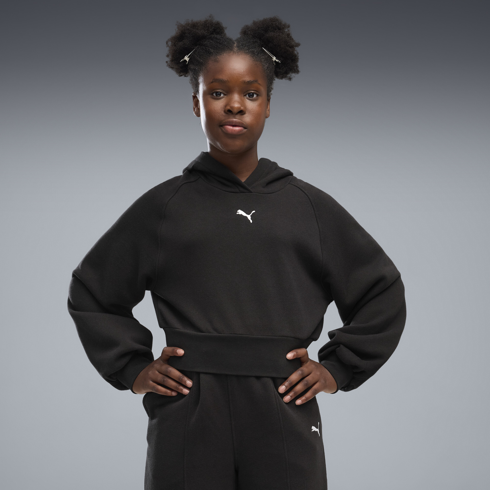 PUMA Essentials Big Kids' Cropped Balloon Sleeve Hoodie in Black, Size XL