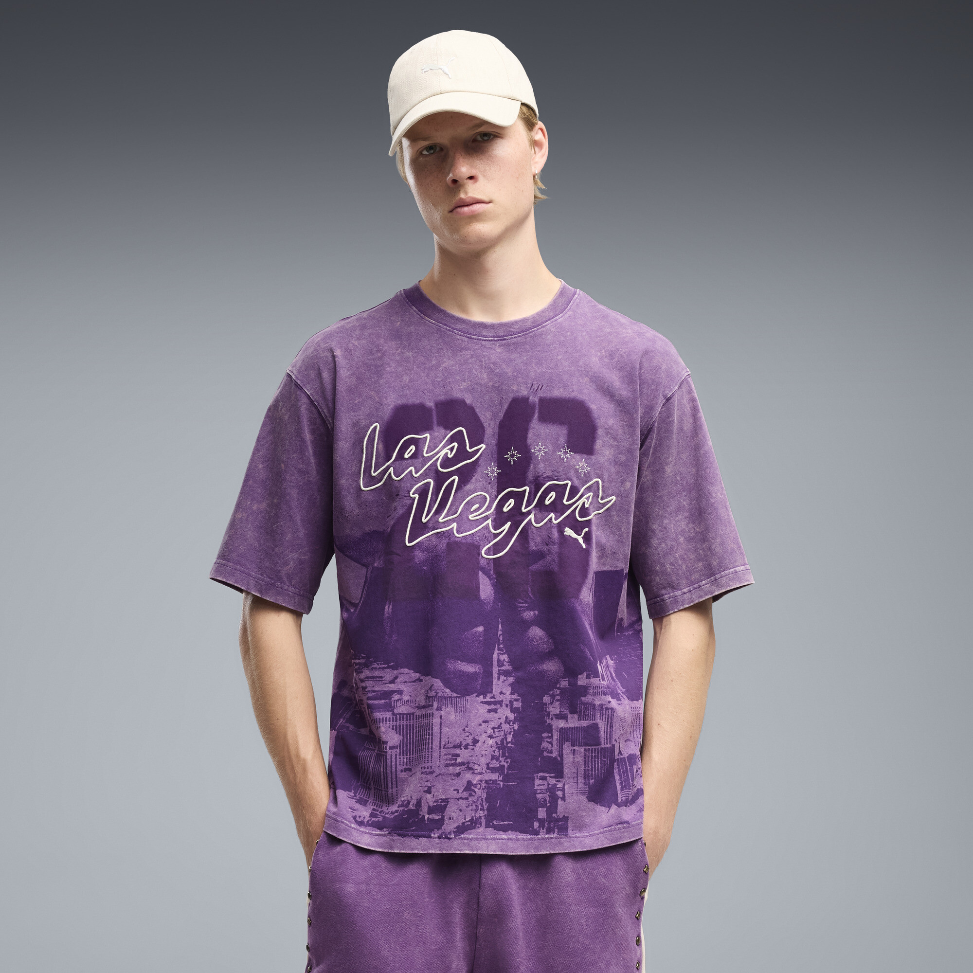 PUMA Las Vegas Men's Boxy Graphic T-Shirt in Purple, Size XS
