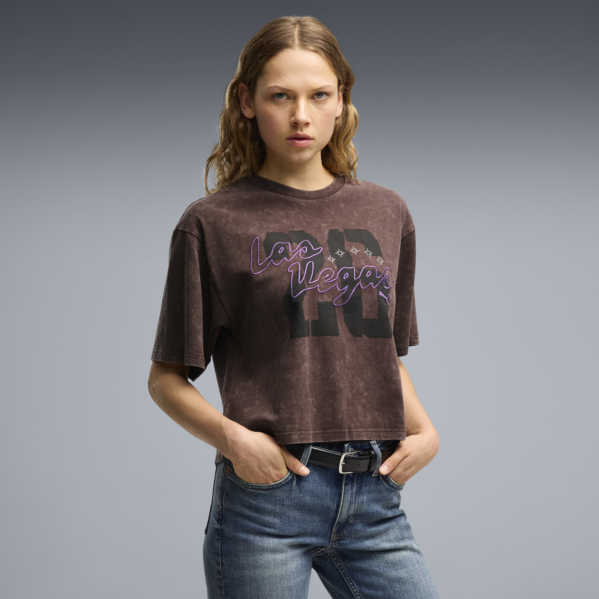 PUMA Las Vegas Women's Oversized Graphic T-Shirt in Brown, Size L