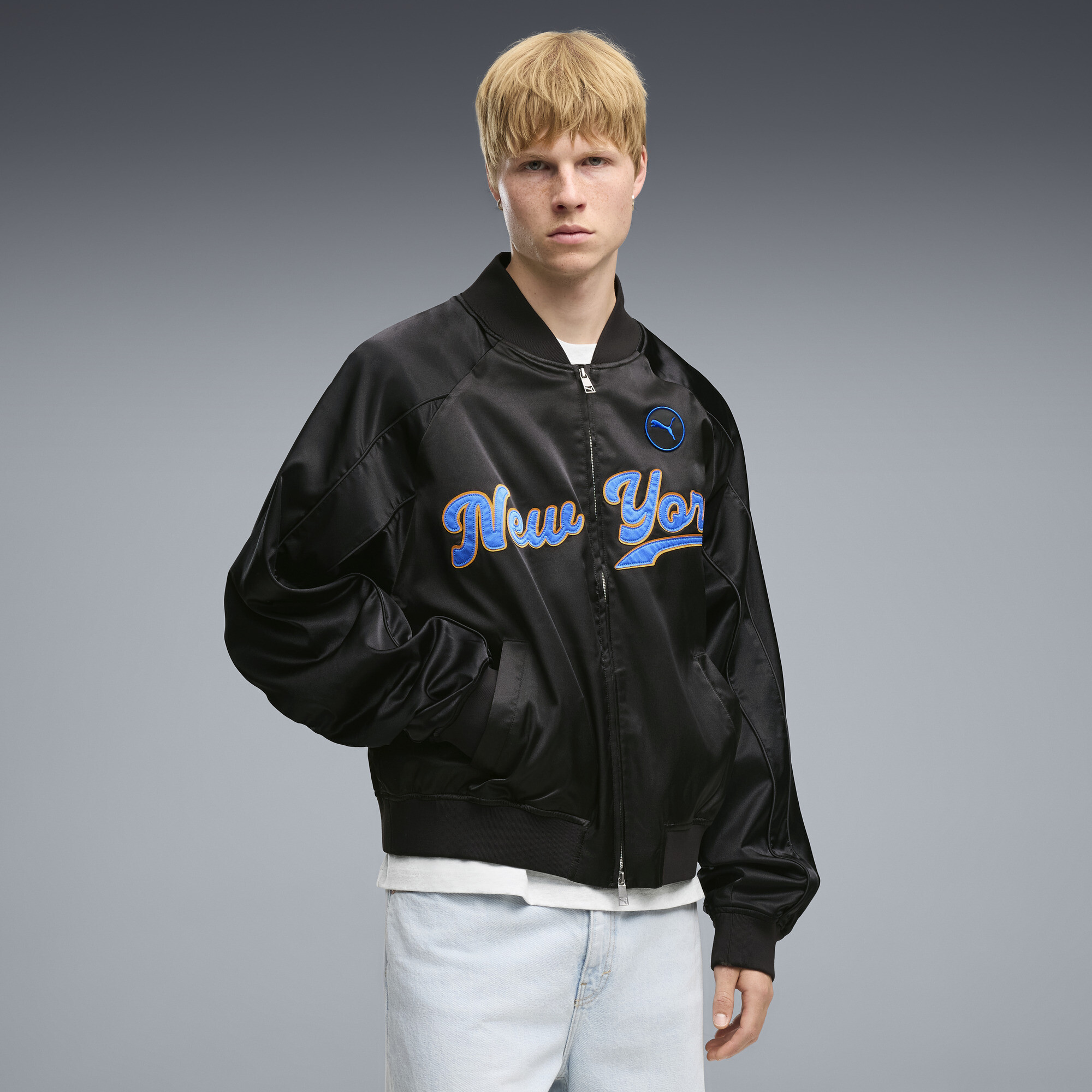 PUMA NYC Men's Oversized Bomber Jacket in Black, Size XL
