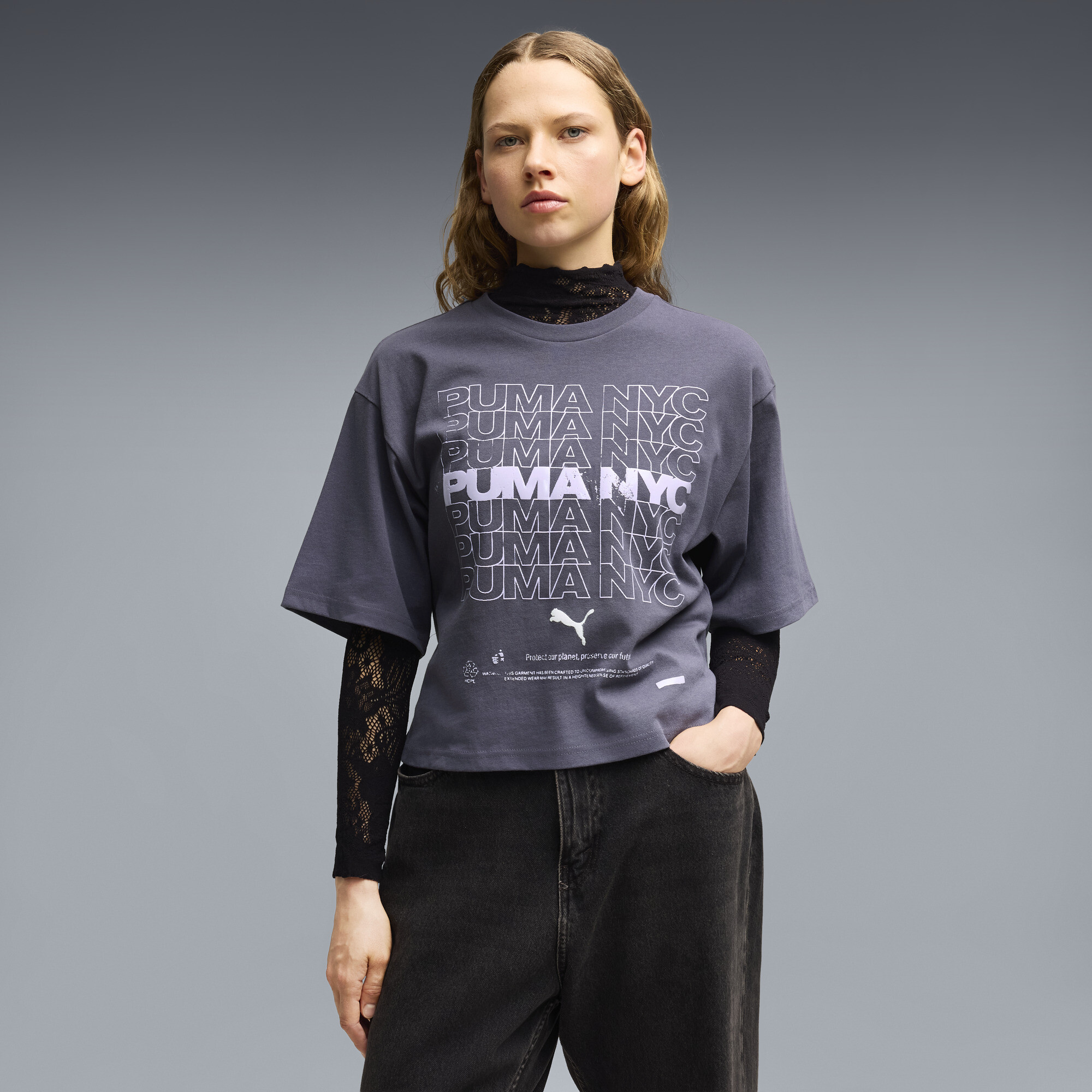 PUMA NYC Women's Oversized Graphic T-Shirt in Grey, Size L