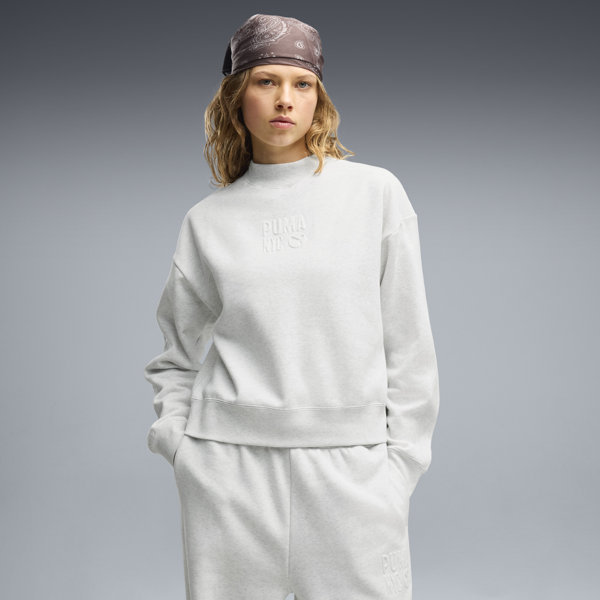 PUMA NYC Women's Mock neck Crew Sweatshirt in White, Size M