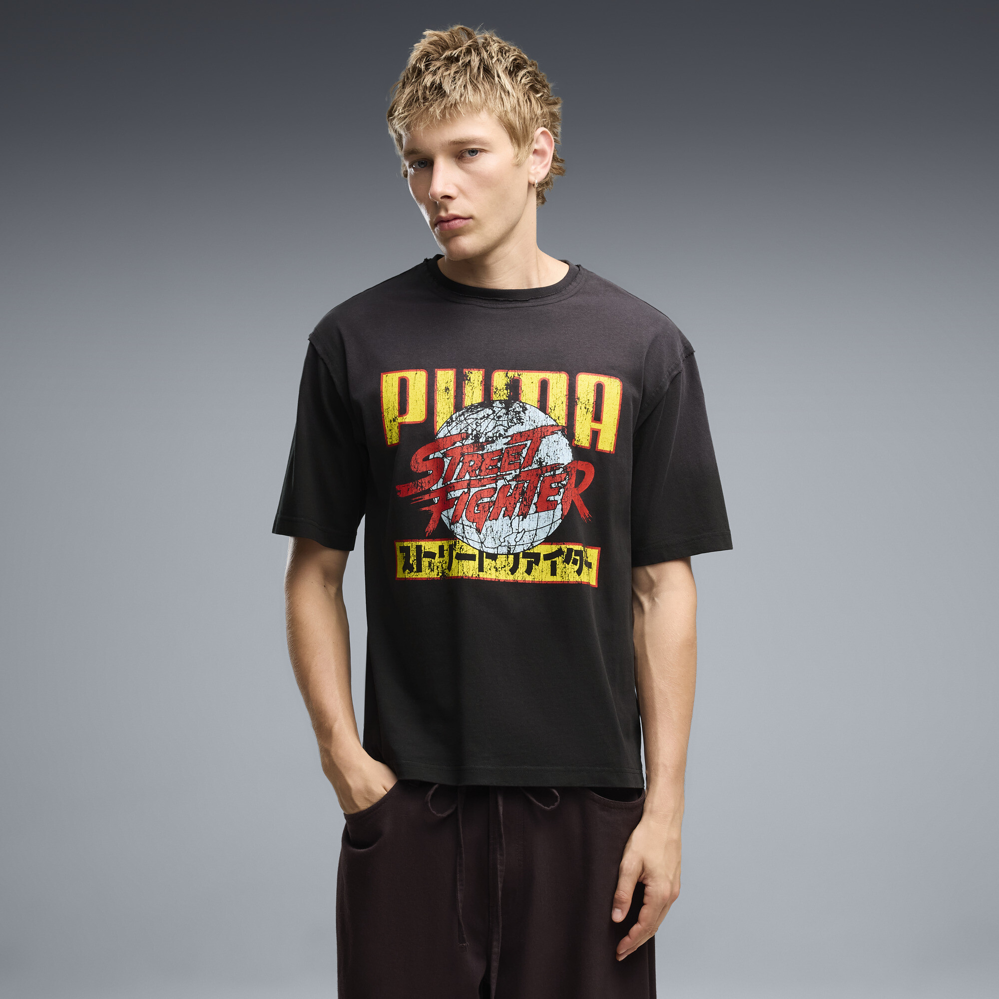 PUMA x STREET FIGHTER Men's Relaxed Distressed T-Shirt in Black, Size S