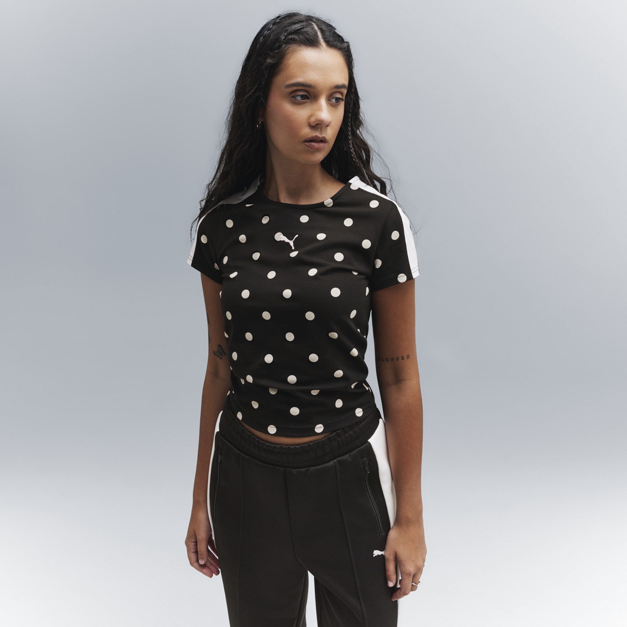 PUMA T7 Polka Dots Slim T-Shirt Damen, Kleidung, Schwarz, M