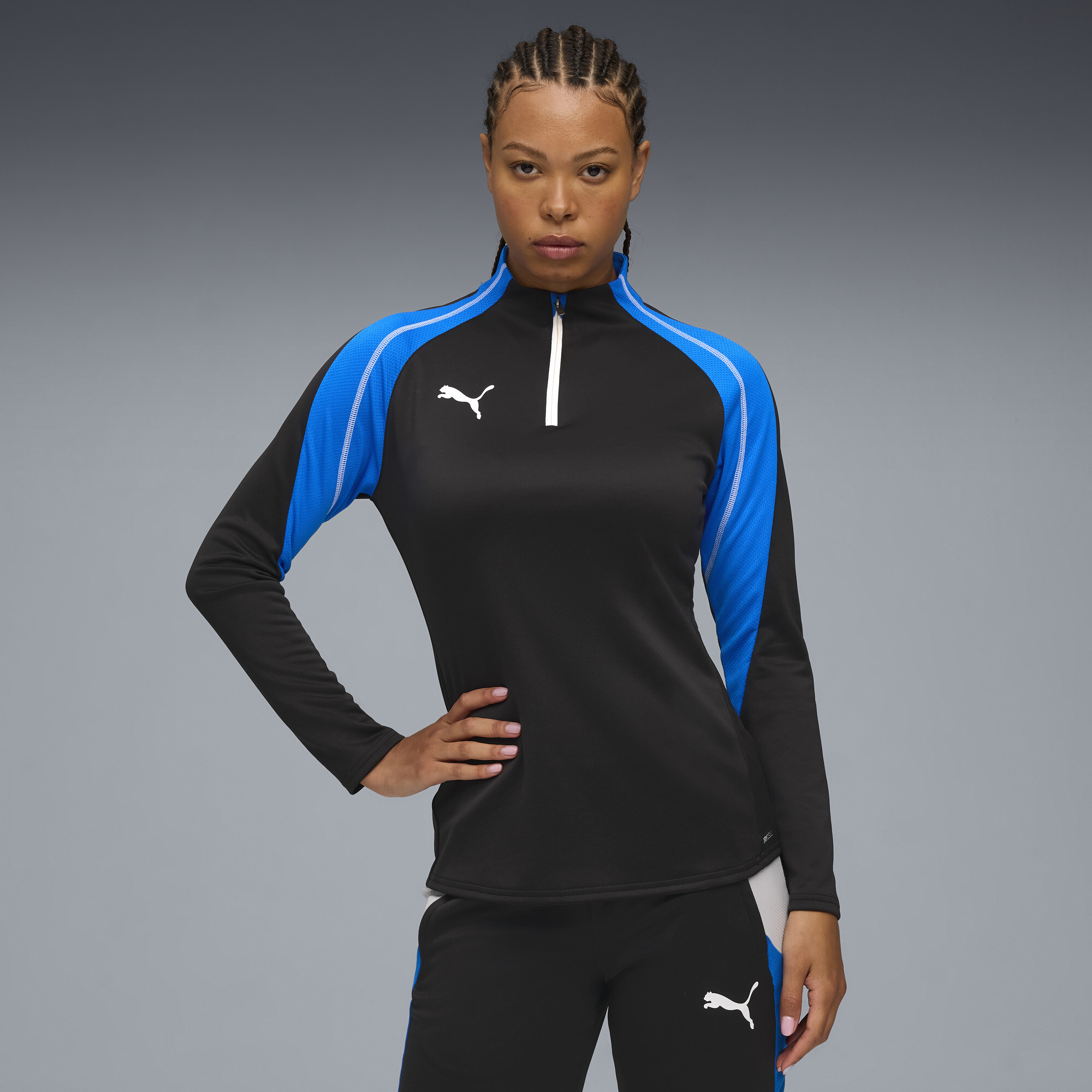 Puma IndividualBLAZE Fußballtop mit viertellangem Reißverschluss Damen | Black/White/Racing Blue | Größe: L