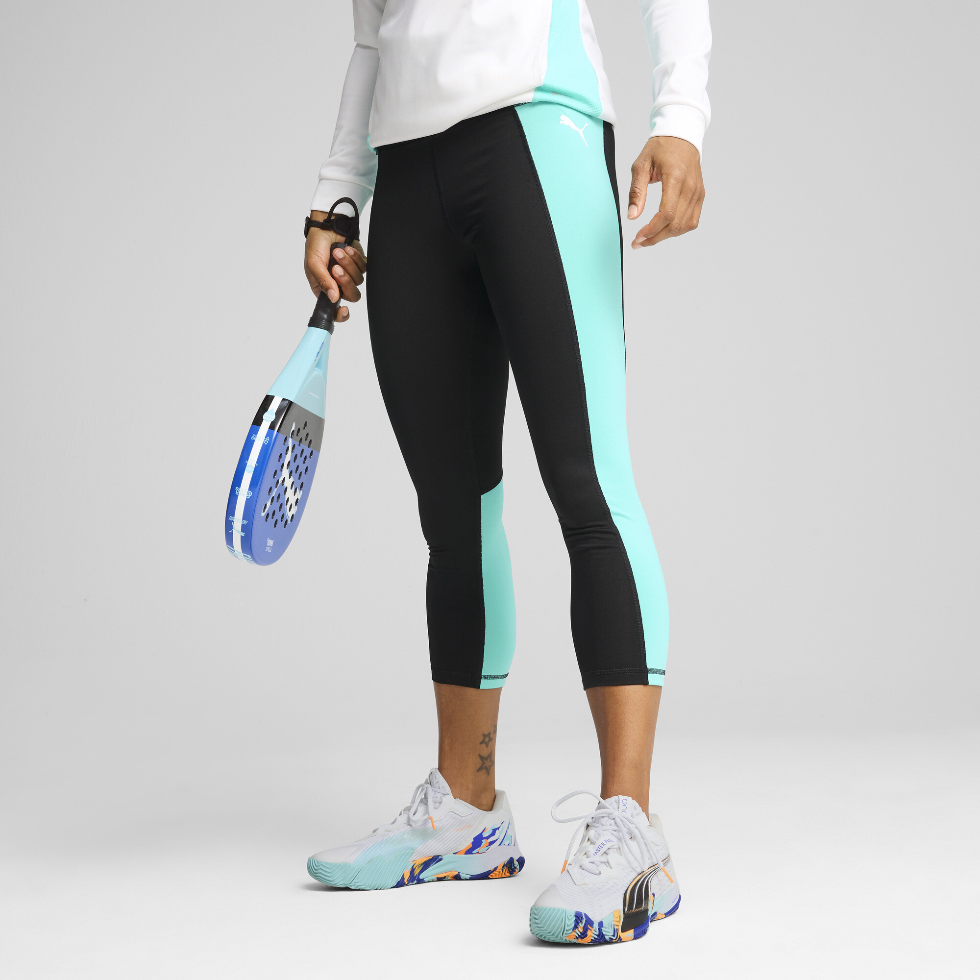 Puma INDIVIDUAL 3/4 Padel-Leggings Damen | Mit Plain | Black/Aquatic/White | Größe: XL