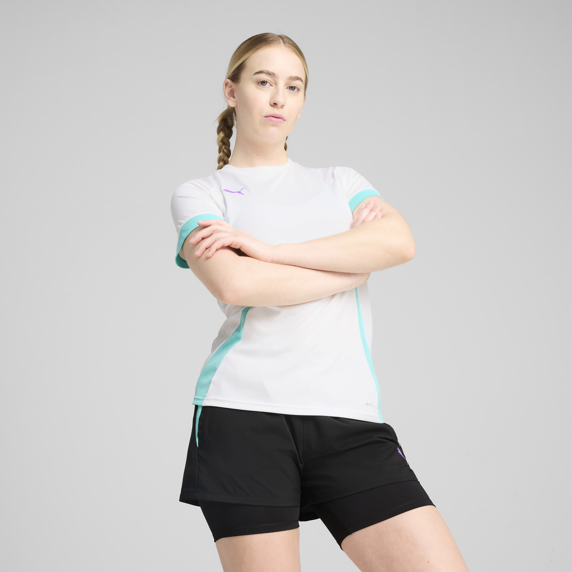 Puma INDIVIDUAL Padeltrikot Damen | Mit Plain | White/Purple Glimmer/Aquatic | Größe: XL