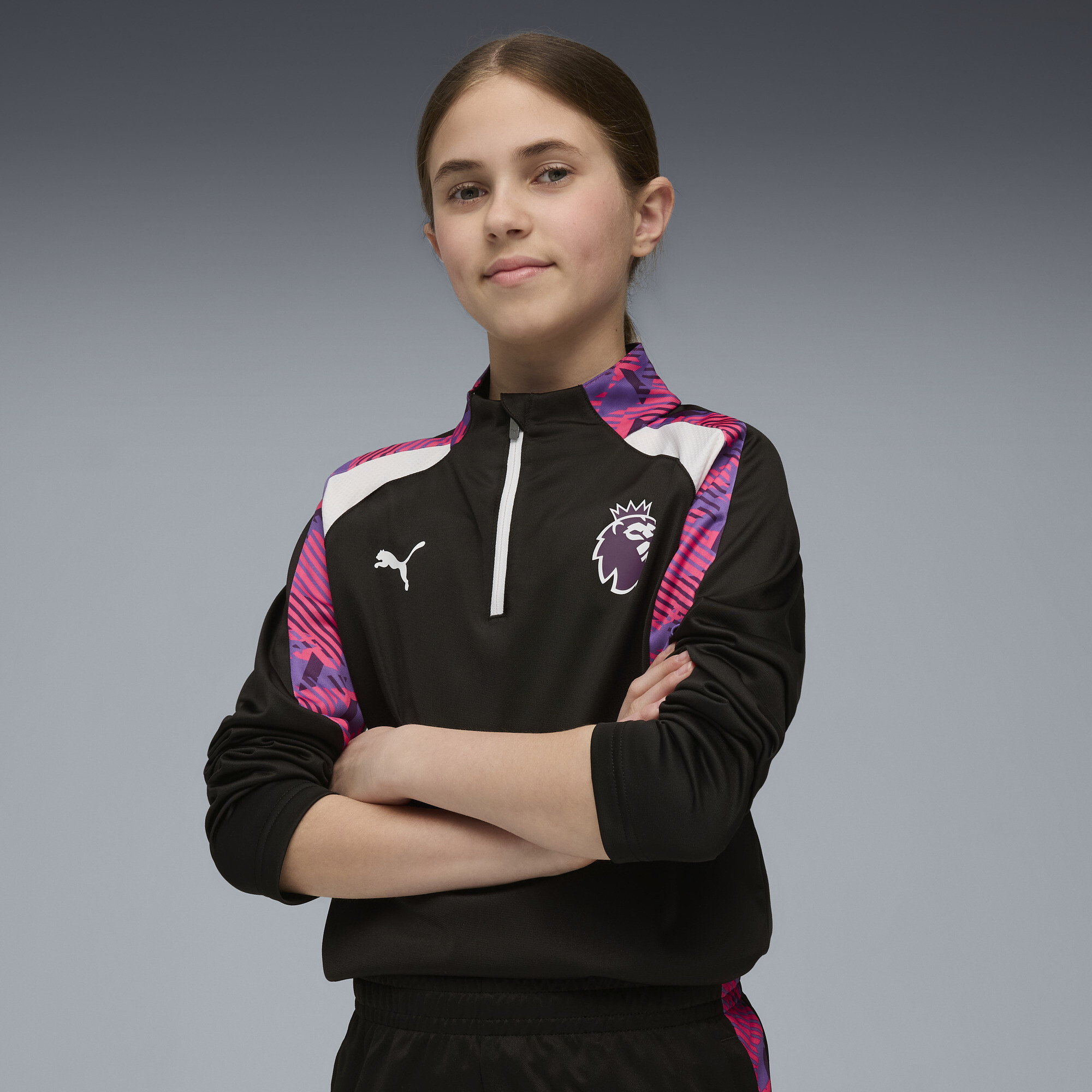 PUMA Premier League Brilliance Big Kids' Quarter-Zip Soccer Top in Black, Size XL