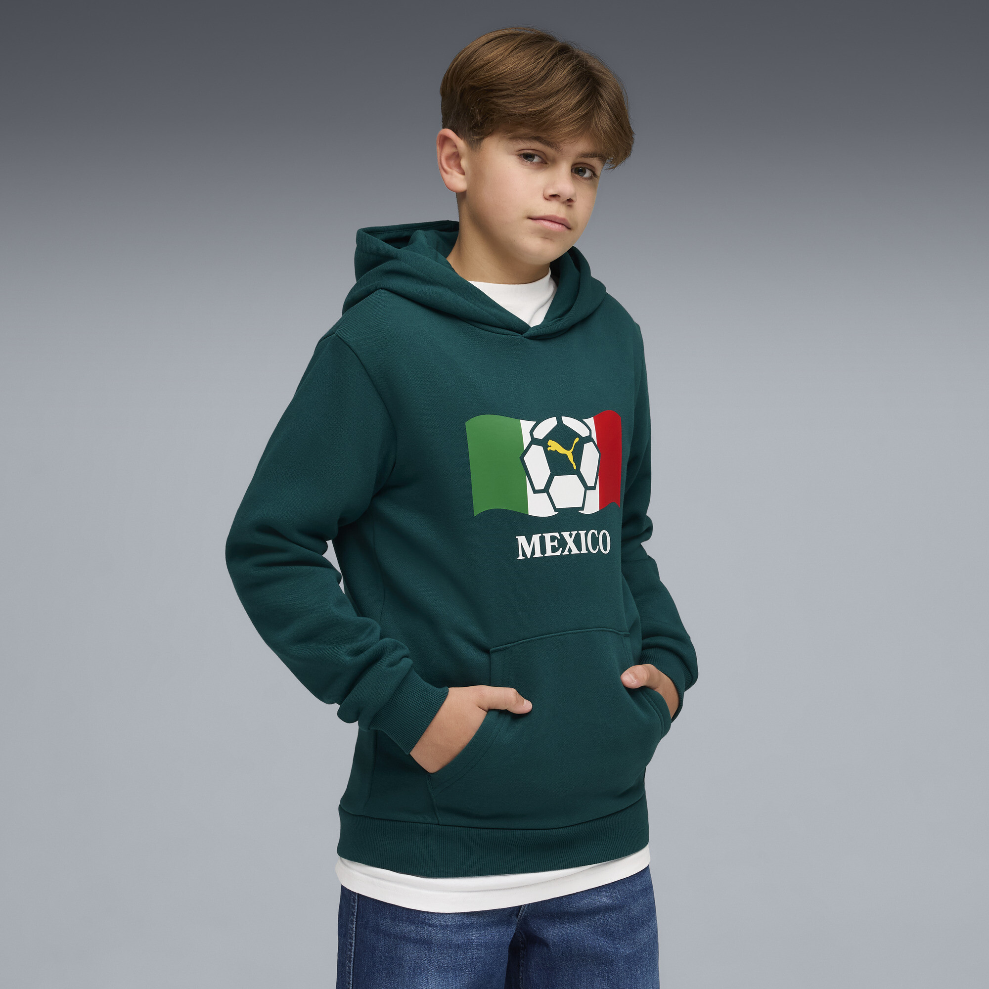 PUMA Mexico Soccer Fanwear Big Kids' Hoodie Shoes in Green, Size S