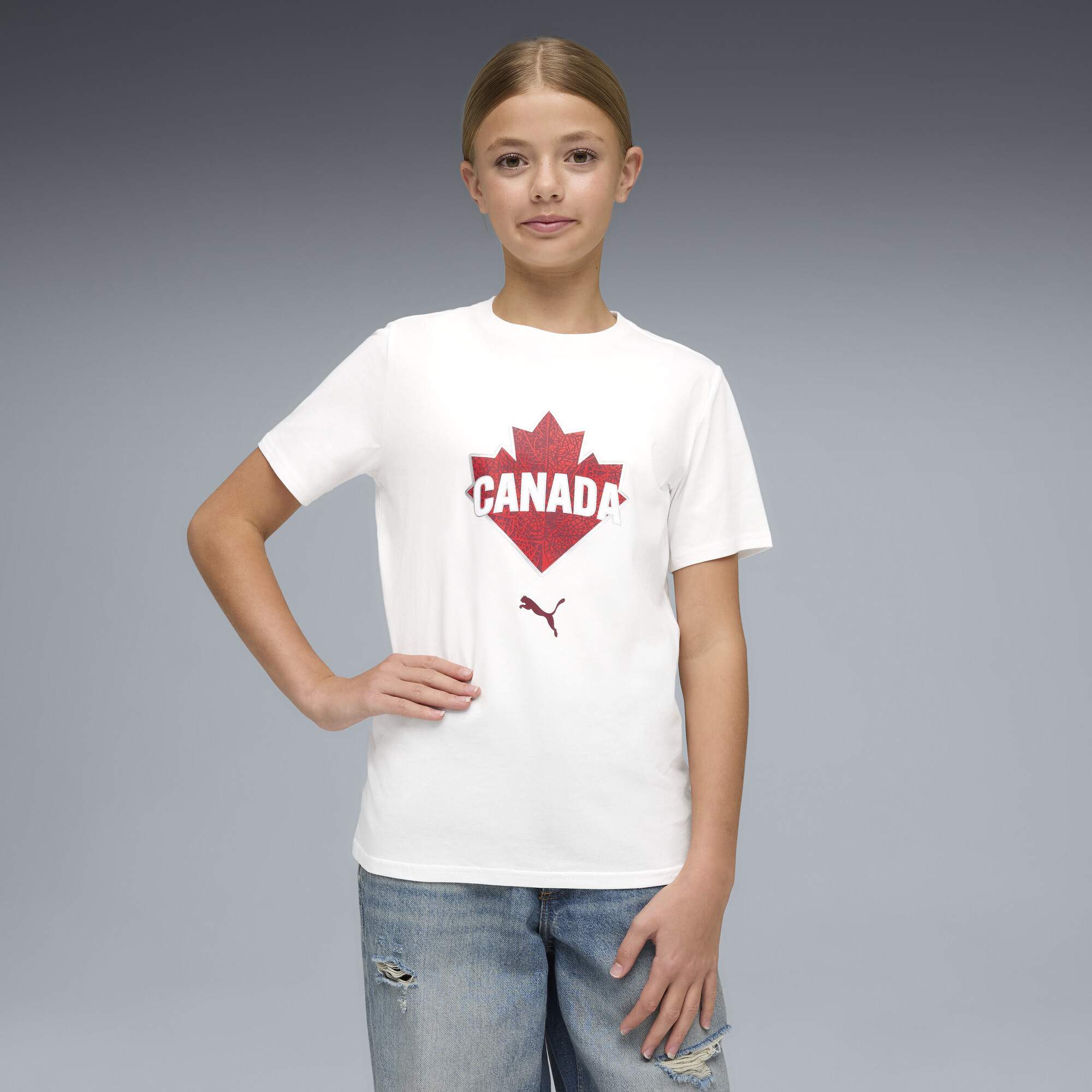 PUMA Canada Soccer Fanwear Big Kids' Graphic T-Shirt in White, Size XL