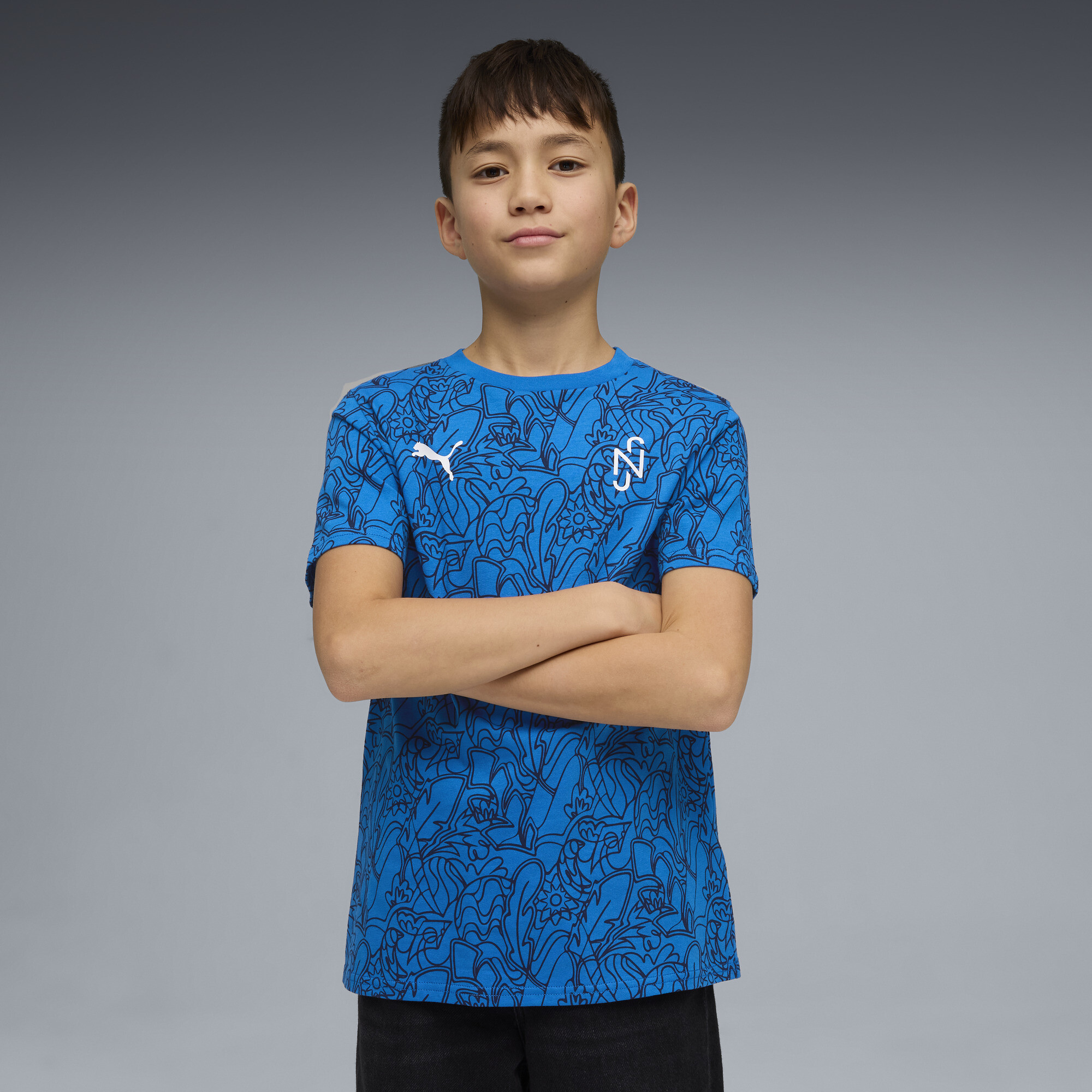 PUMA Neymar JR Brazil Passion Big Kids Patterned Soccer T-Shirt in Blue Size XS 35$