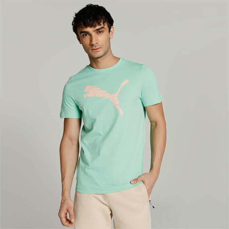 Men's PUMA Shaded Cat Slim Fit Crew Neck T-shirt in Gray/Green/Pink size S