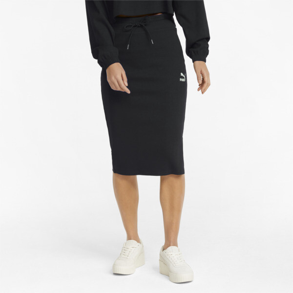 Shop Puma Classics Ribbed Midi Women's Skirt In Black