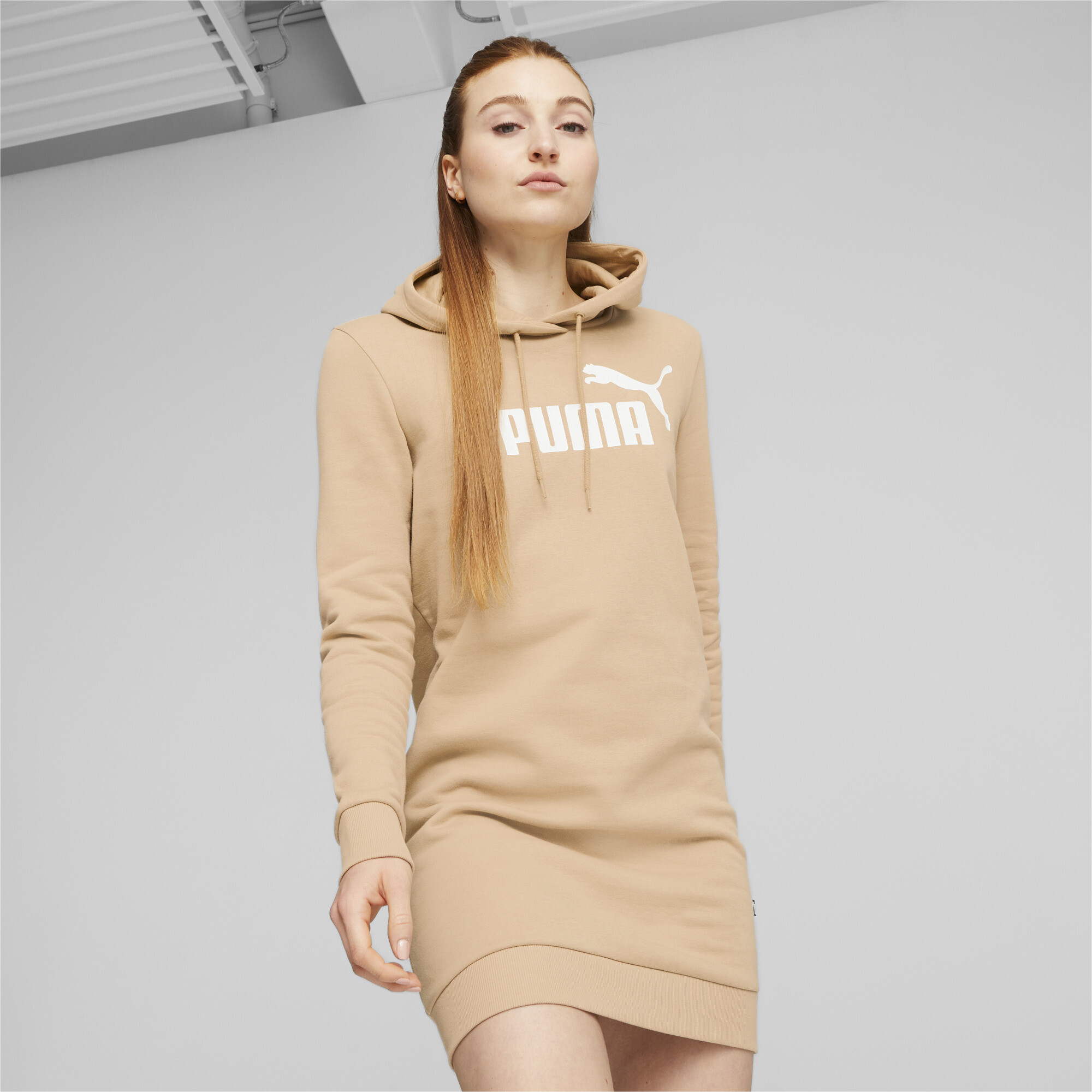 Women's Puma Essentials Logo Hooded Dress, Beige, Size S, Clothing