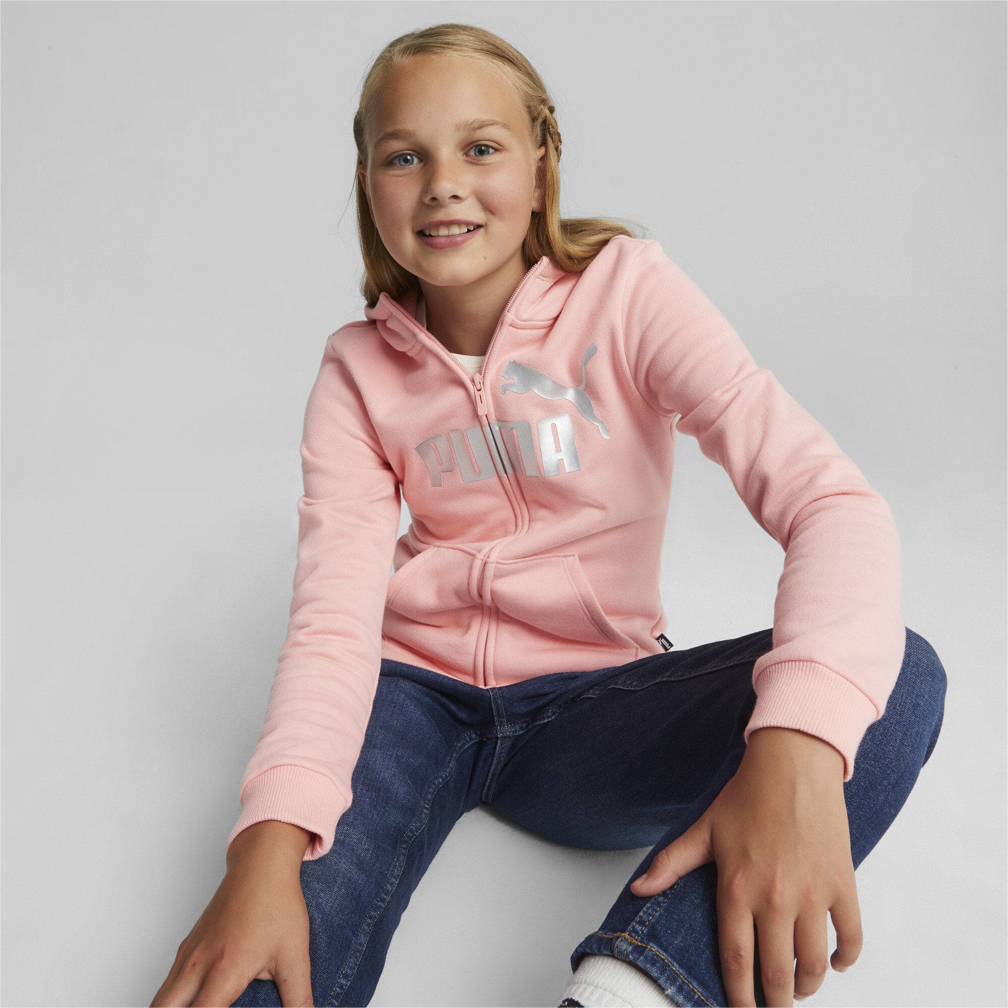 Puma Essentials+ Logo Full-Zip Hoodie Youth, Pink, Size 5-6Y, Clothing