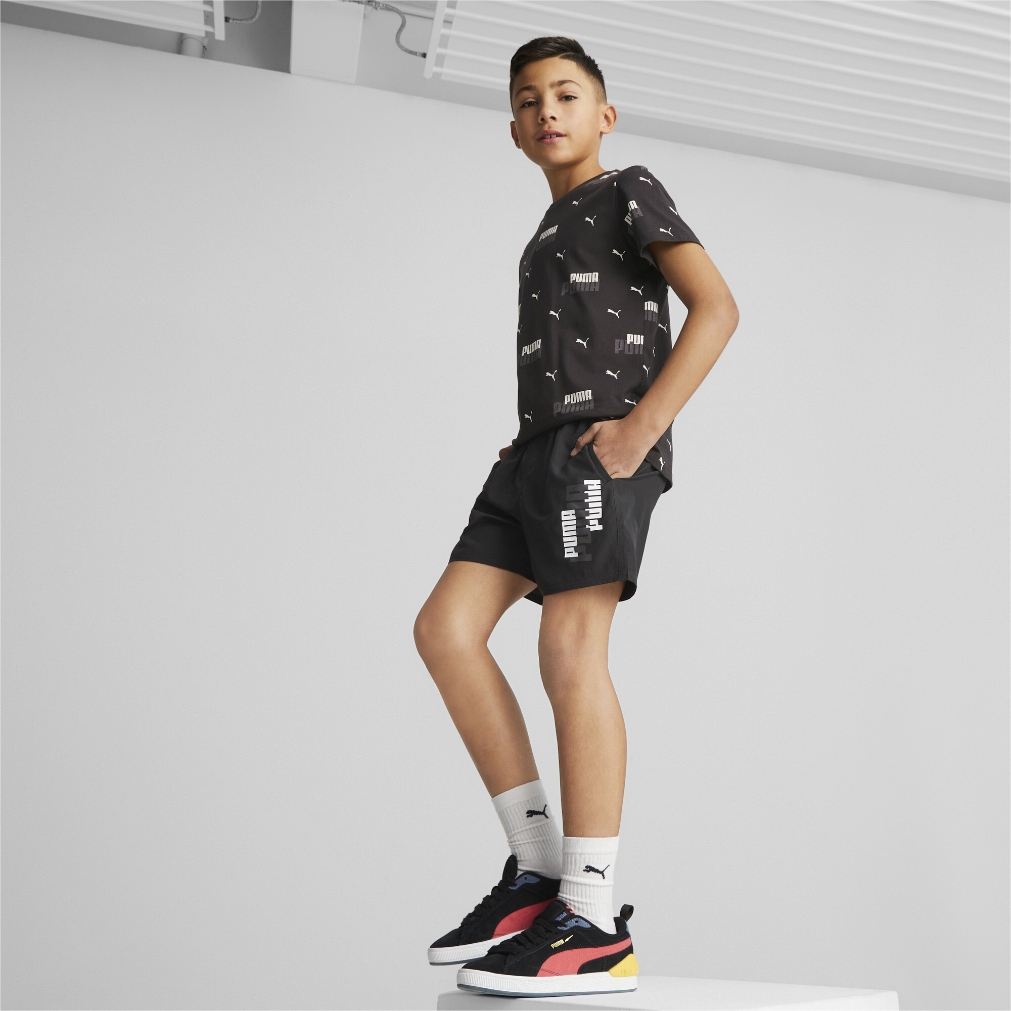 PUMA Essentials+ Logolab Woven Shorts In Black, Size 11-12 Youth