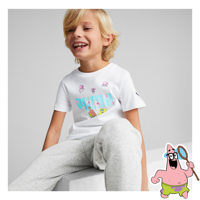 PUMA X SPONGEBOB Logo Kids' Regular Fit T-Shirt in White size 3-4Y