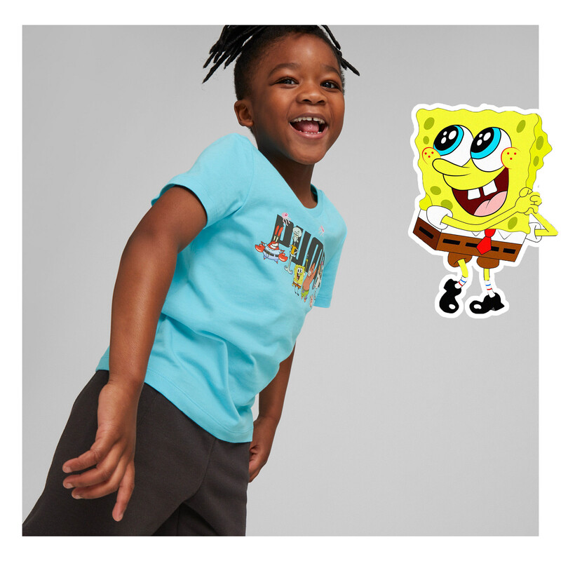 PUMA X SPONGEBOB Logo Kids' Regular Fit Cotton T-Shirt in Black/Blue size 3-4Y