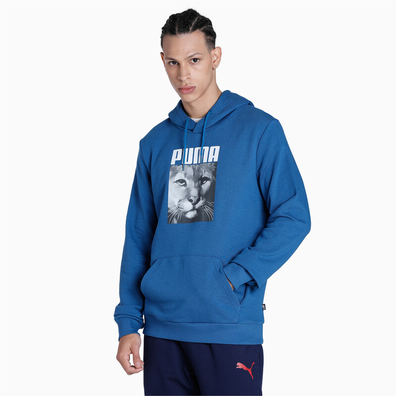 Men's PUMA Cat Graphic Regular Fit Kangaroo Pocket Hoodie in Black/Blue size M