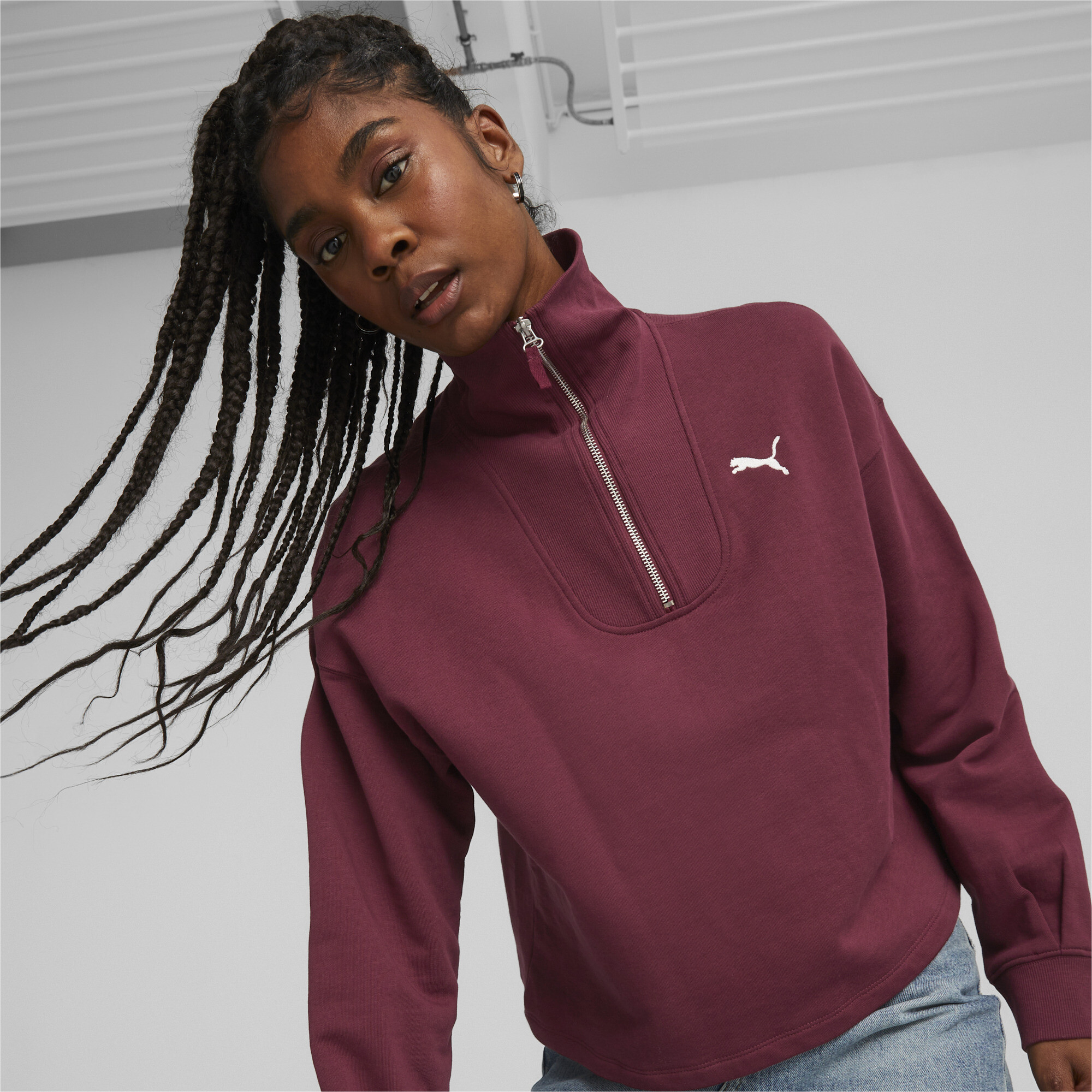 Girls Half-zip Mock Neck Sweatshirt In Hot Magenta