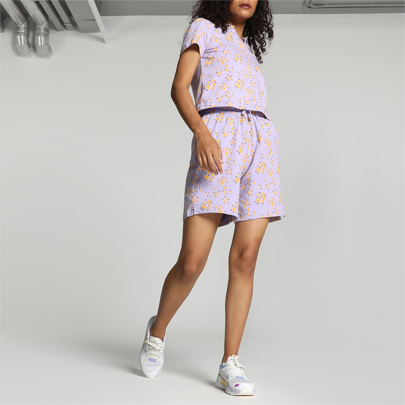 Women's PUMA Floral Print Relaxed Fit Crew Neck Shorts in Vivid Violet size M