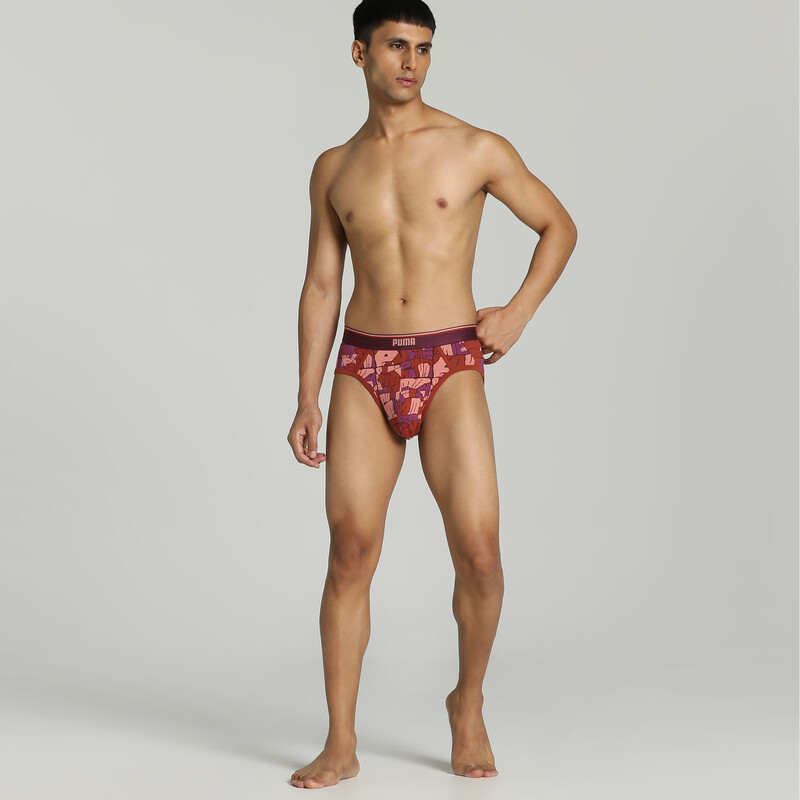 Men's PUMA Stretch AOP Briefs Pack Of 2 With EVERFRESH Technology in Red/Gray size M
