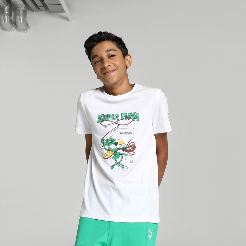 Boys PUMA Super Graphic Youth Regular Fit T-Shirt in White size 11-12Y
