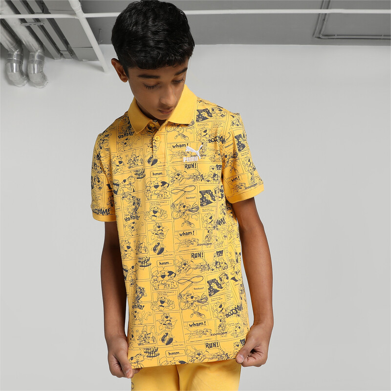 Boys PUMA Super All Over Print Youth Regular Fit Polo in Orange size 7-8Y